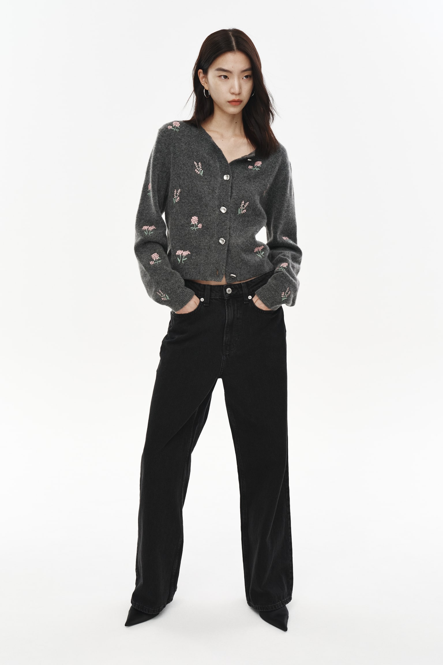 엠브로이더리 가디건 - Dark grey marl/Flowers/다크 브라운/화이트/플라워/크림 - 3