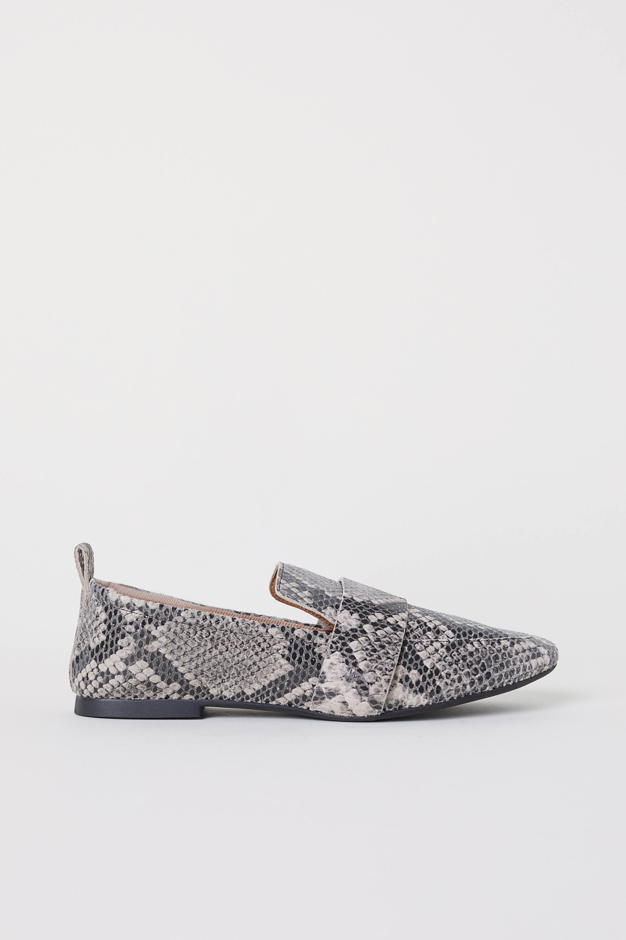 Leather loafers - No heel - Grey/Snakeskin-patterned - Ladies | H&M GB