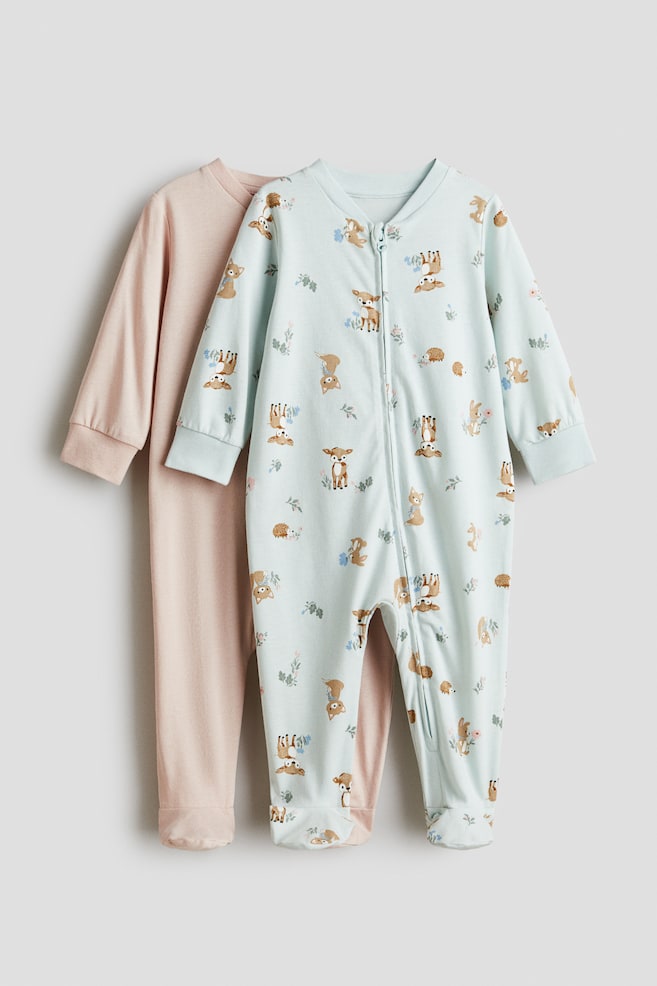 2-pack zip-up sleepsuits - Light turquoise/Animals/Light blue/Clouds - 1
