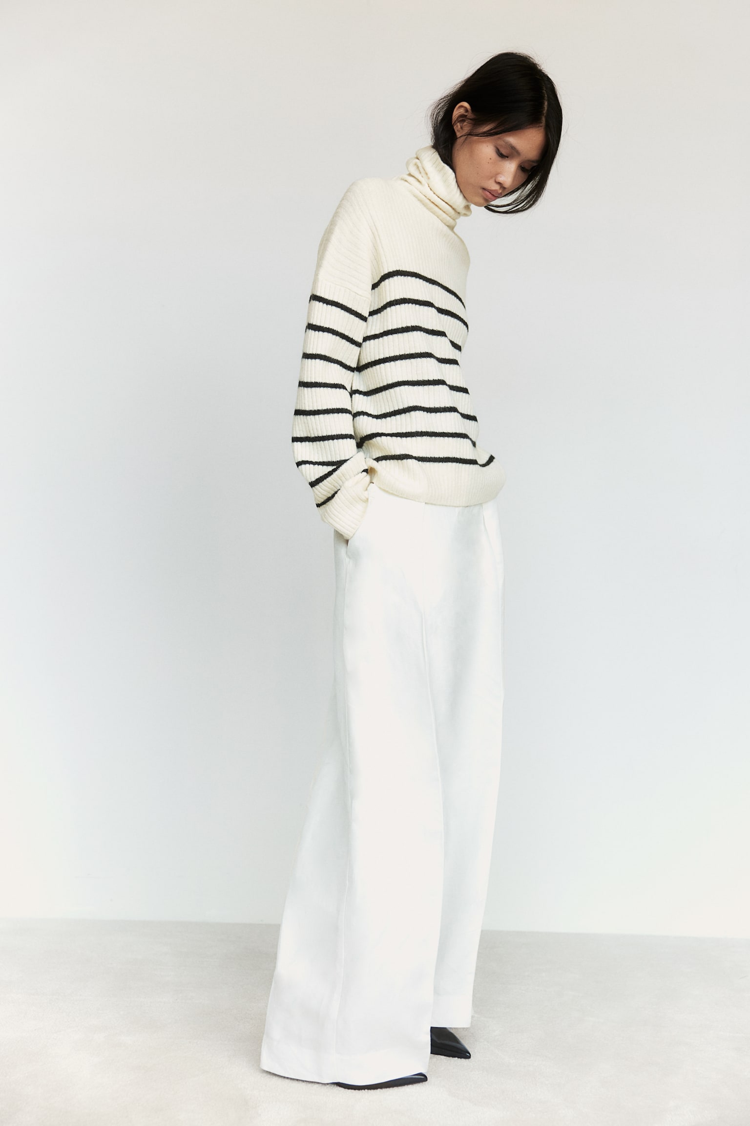 Oversized polo-neck jumper - Natural white/Striped/Dark grey marl/Light beige marl/Striped/Light beige marl/Cream - 5