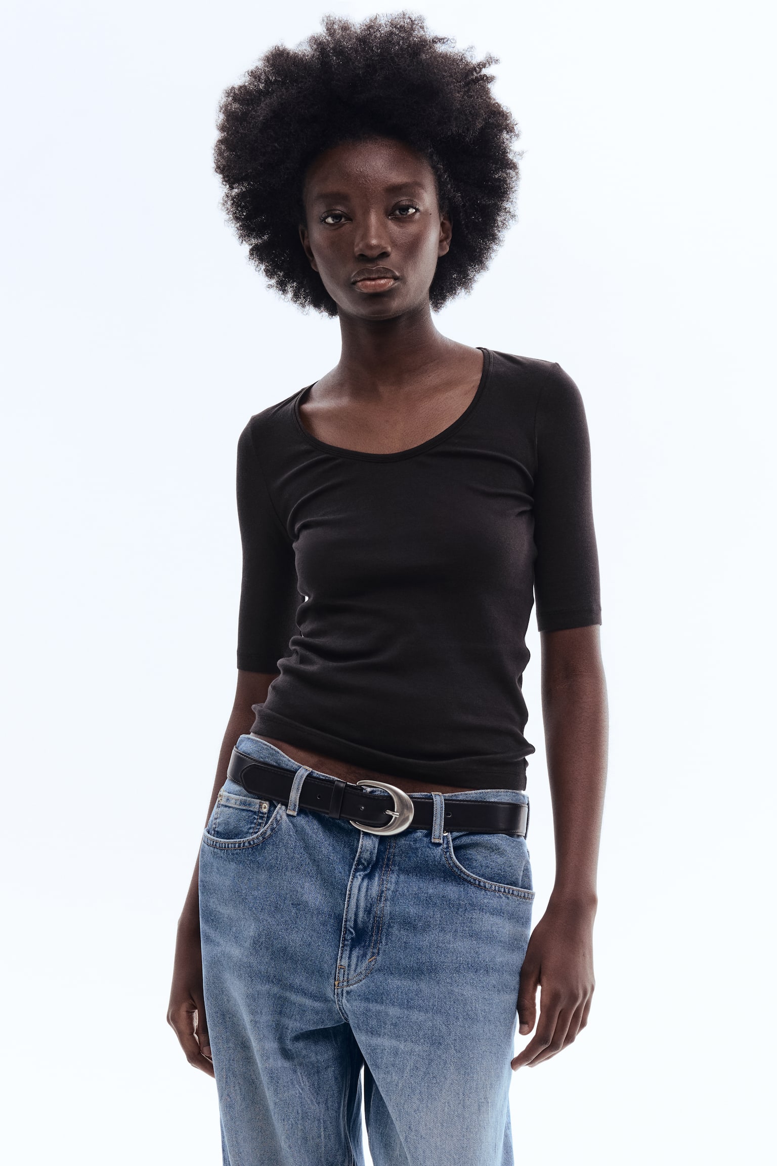 Top con cuello redondeado en algodón pima - Negro/Azul/Rojo - 2