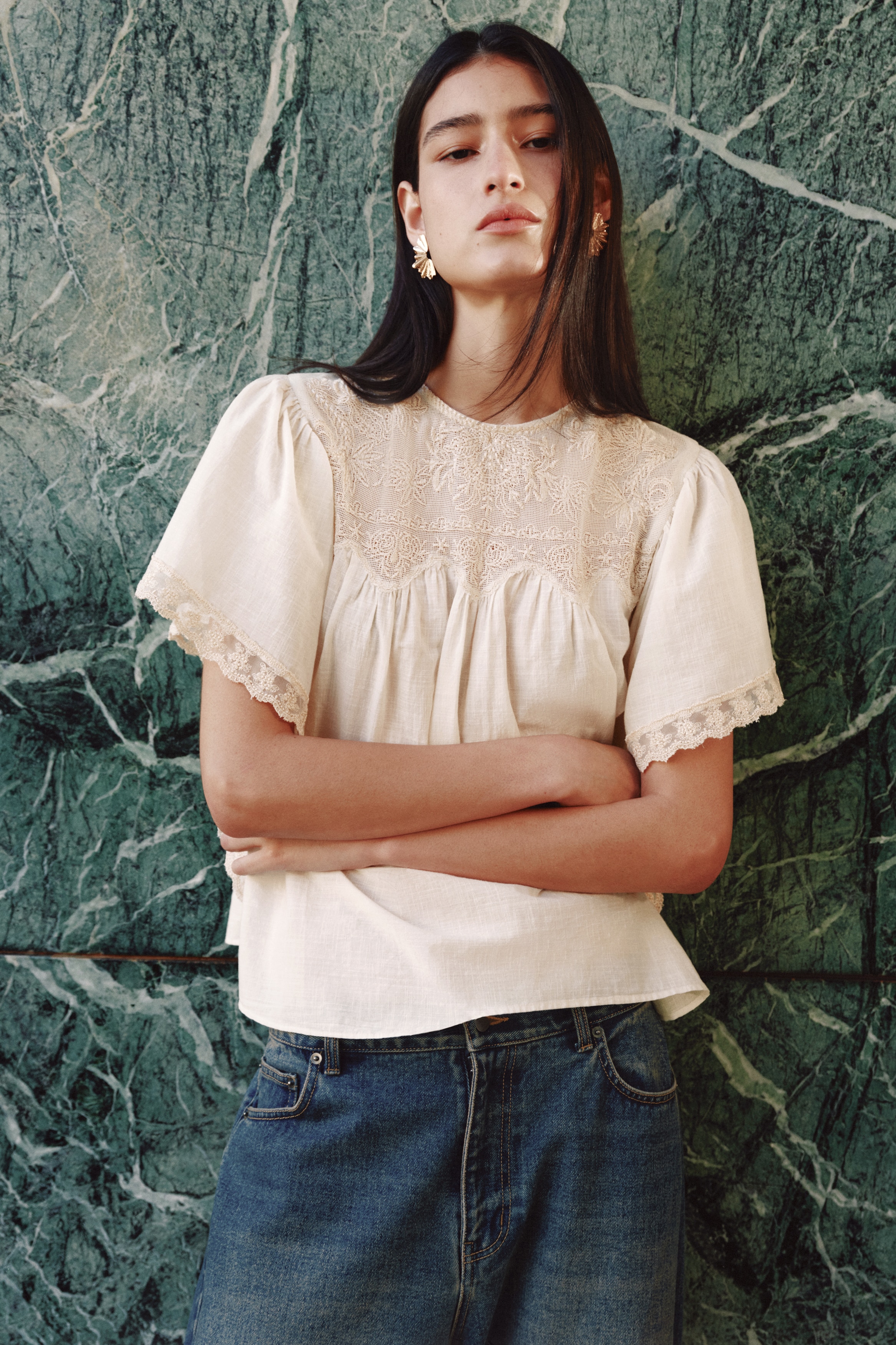 Baumwollbluse mit Spitze - Cremefarben