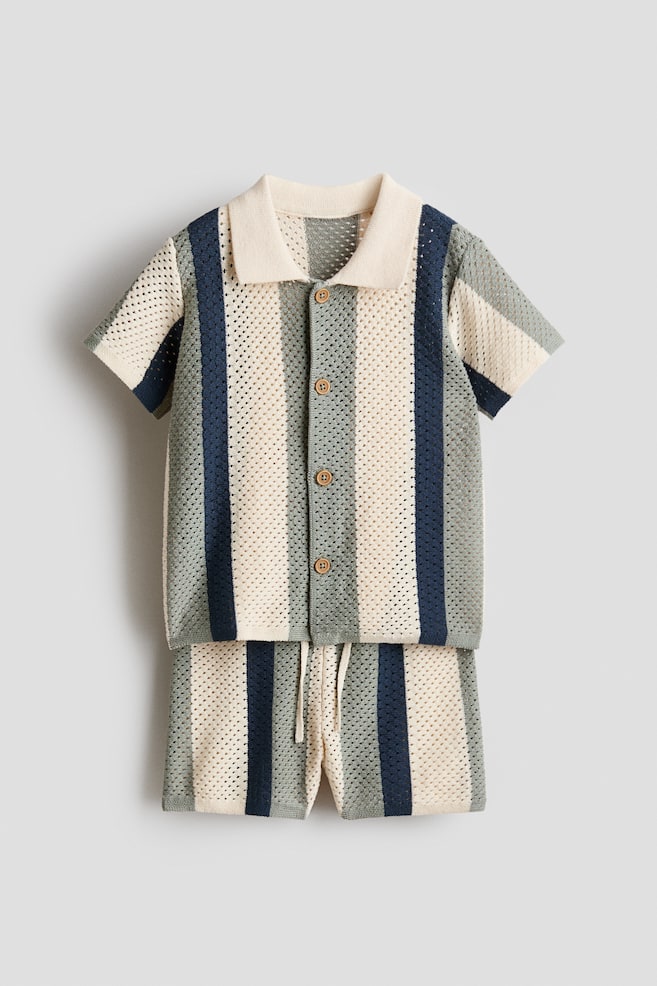 Set 2 pezzi in maglia a rete di cotone - Beige chiaro/righe/Marrone chiaro - 1