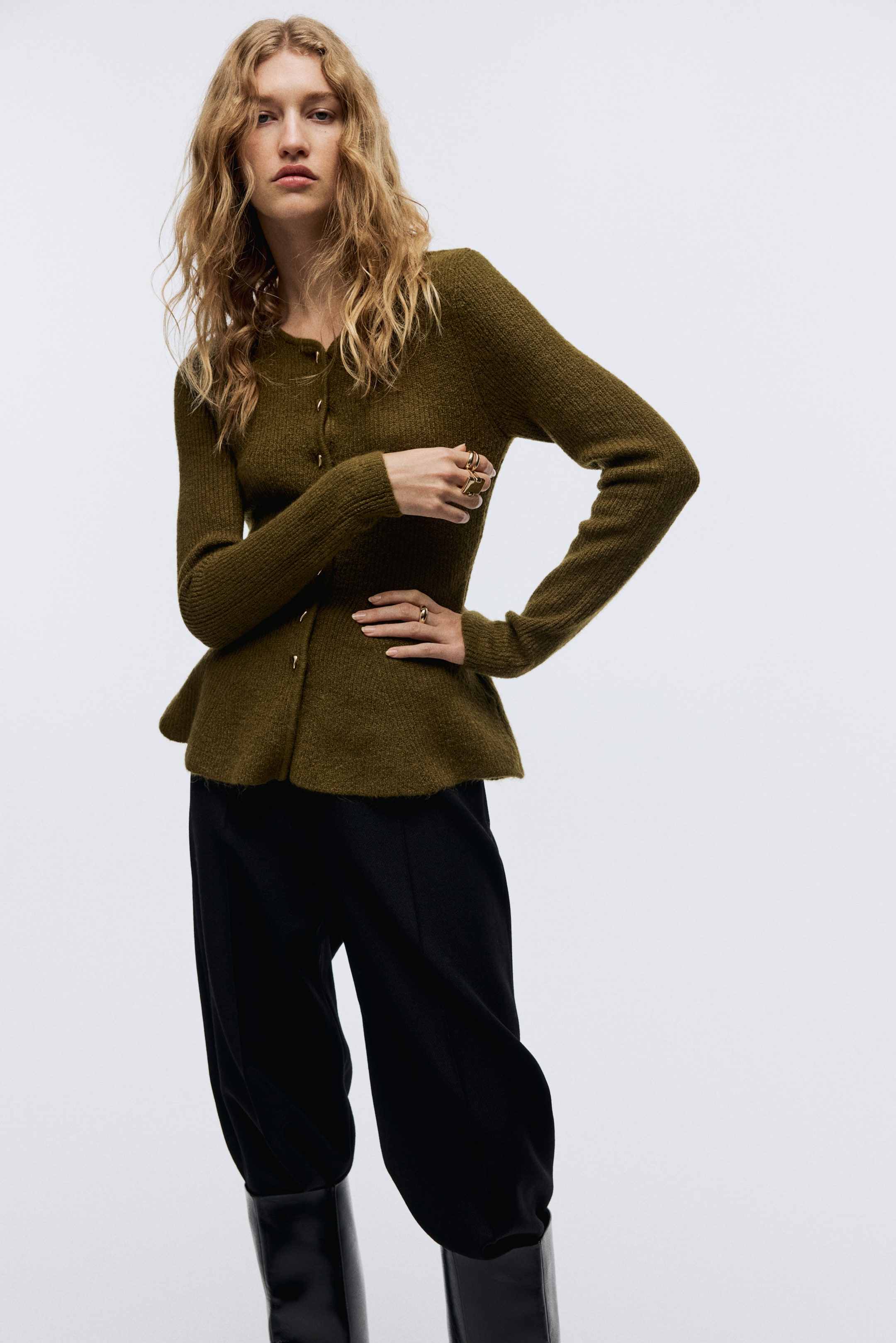 View larger image: Rib-knit peplum cardigan - Dark khaki green - Ladies | H&M IN 1