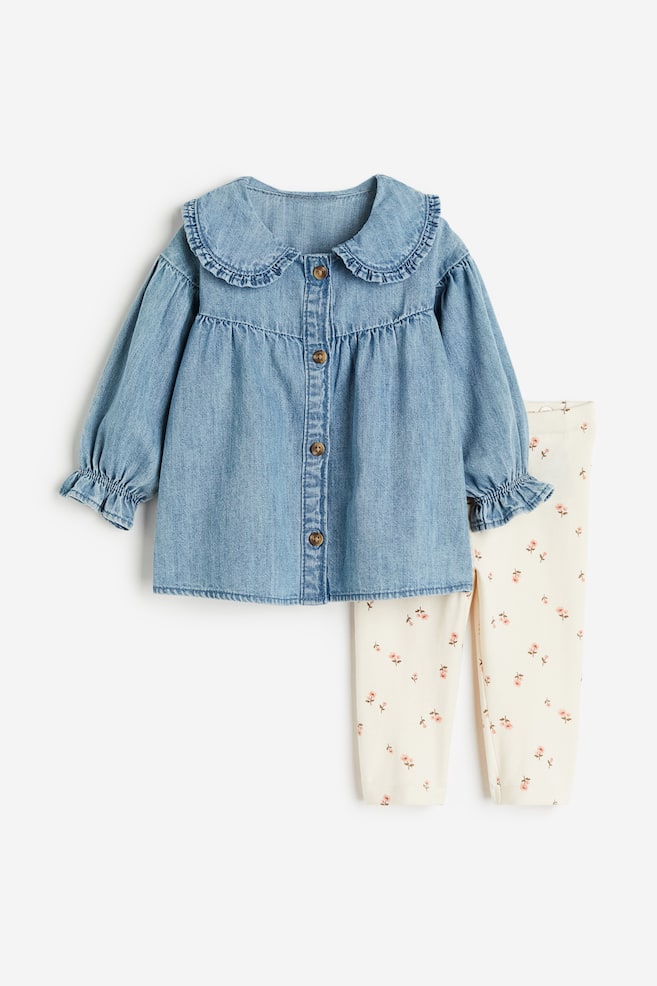 2-piece blouse and leggings set - Denim blue/Floral - 1