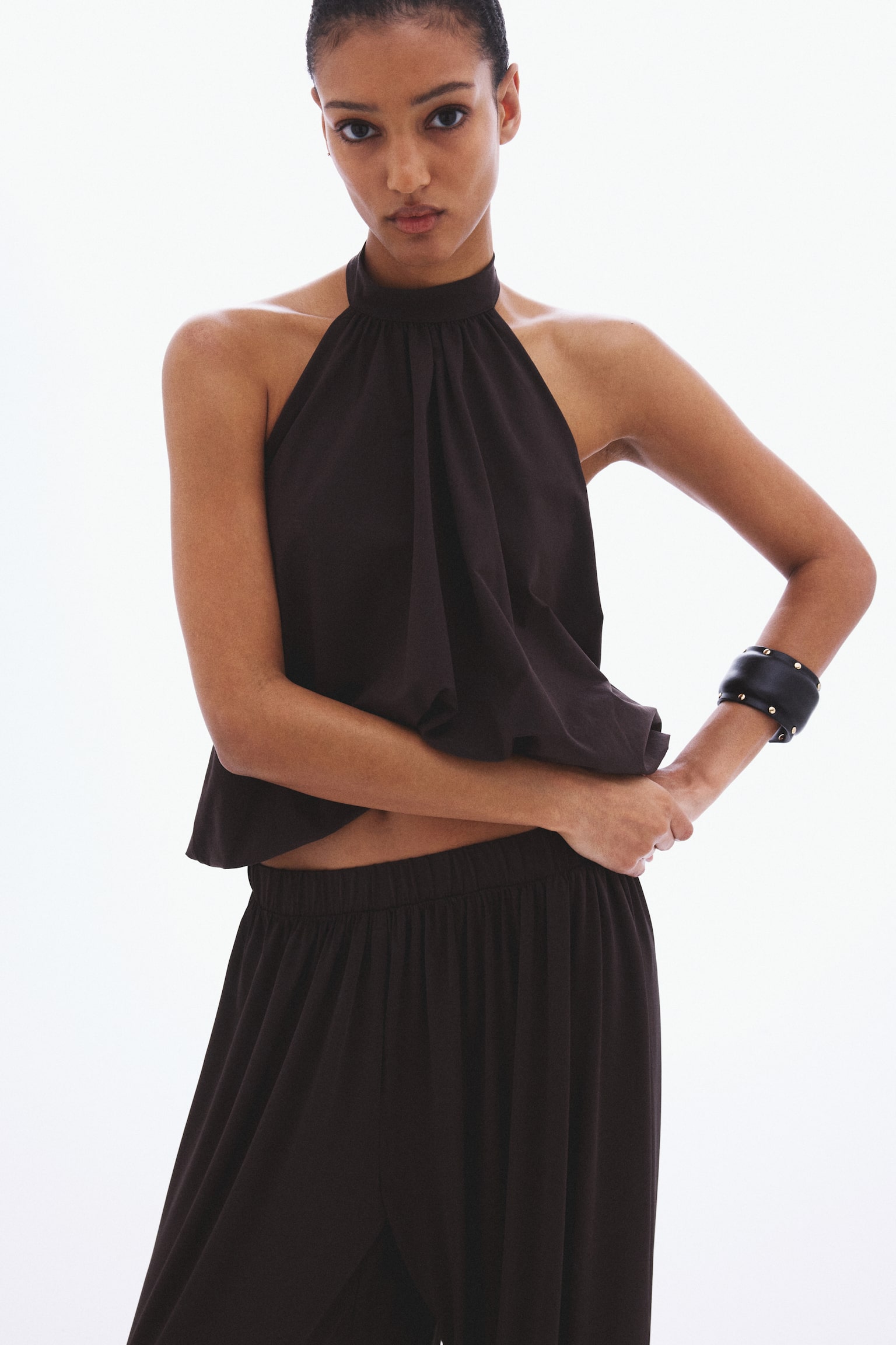 Bubble-hem halterneck top - Dark brown - 6