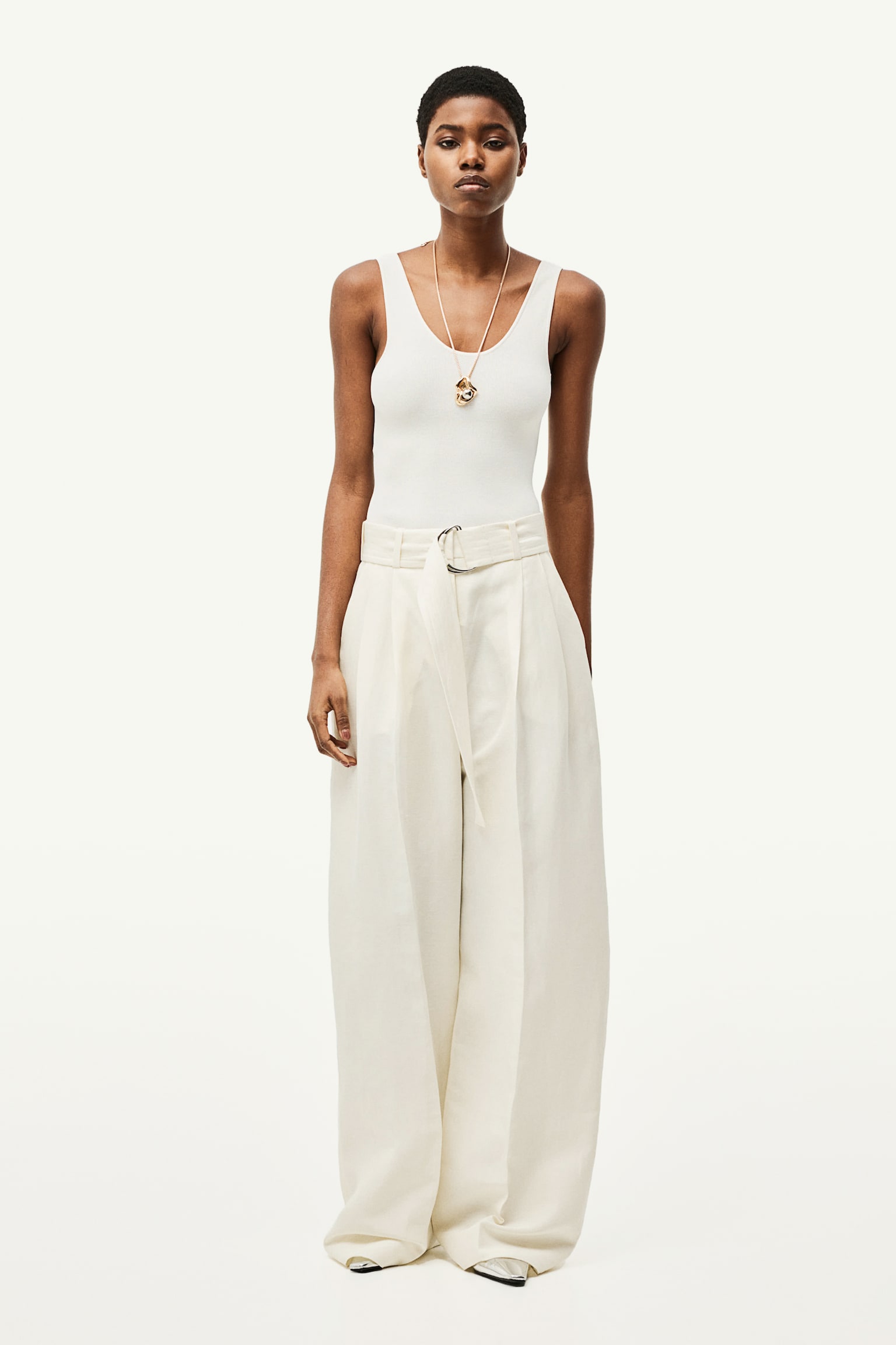 Linen Blend Belted Pants - White - 1