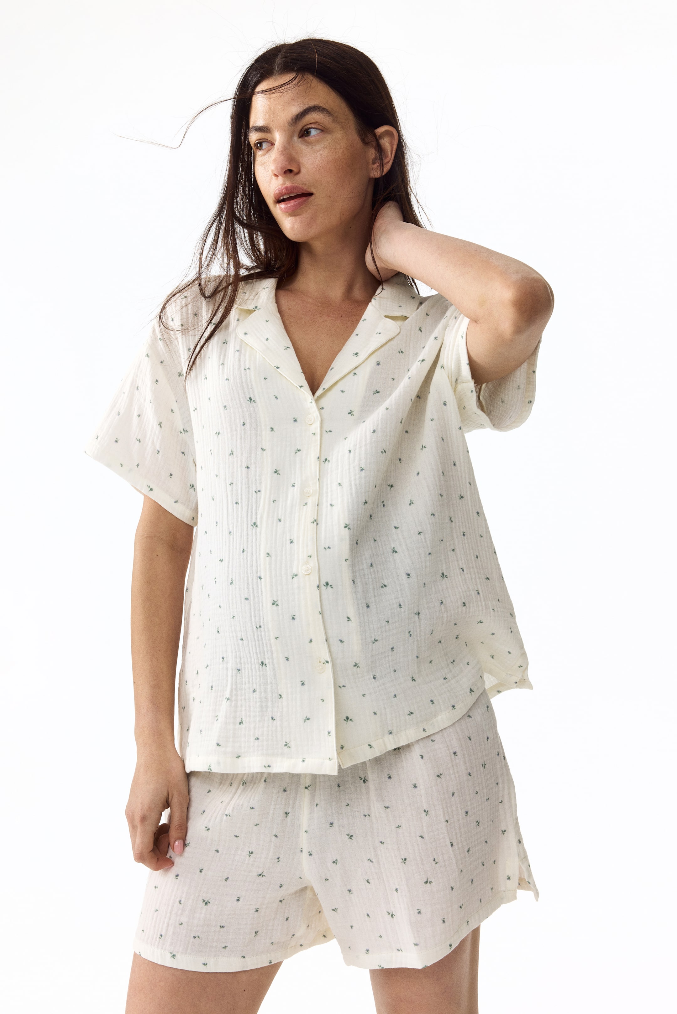 View larger image: MAMA Cotton Muslin Pajamas - Cream/floral - Ladies | H&M US 1