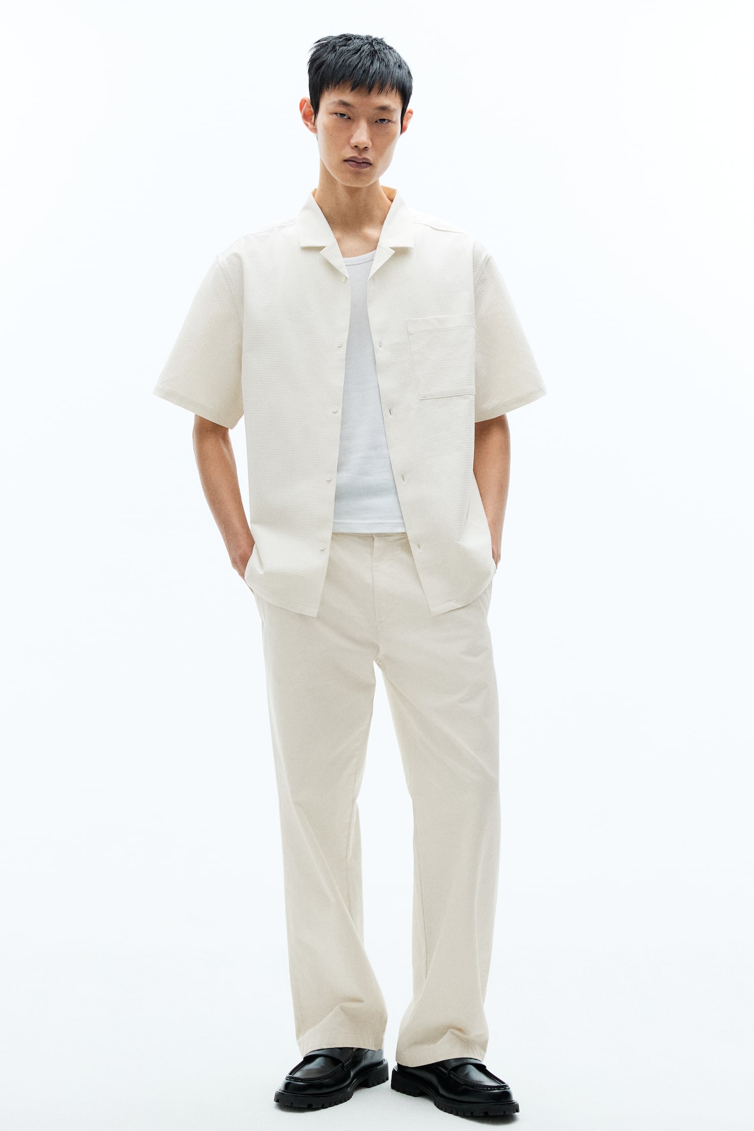 Loose-Fit Textured Resort Shirt - White/Navy blue/Green - 1