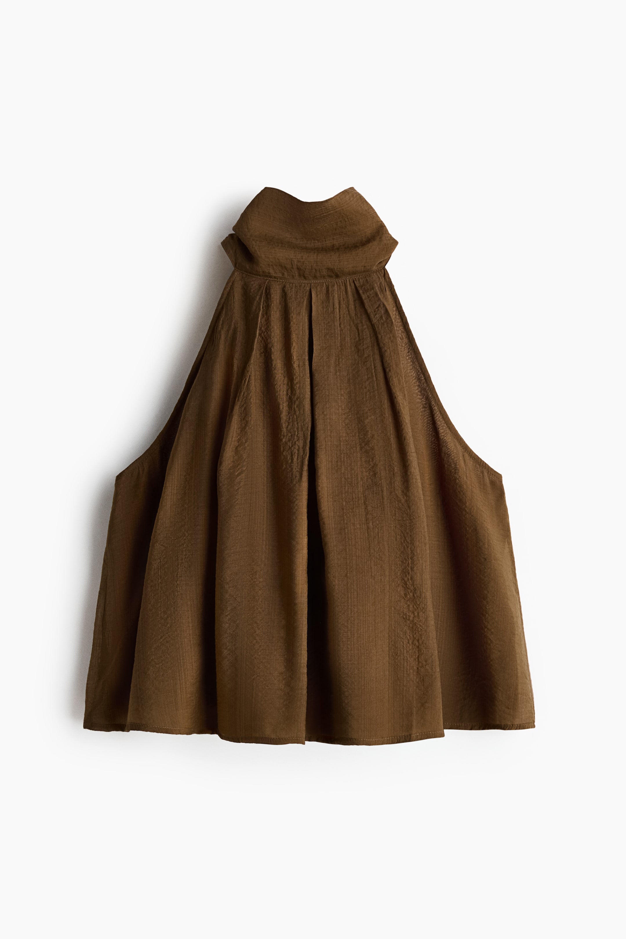 View larger image: The product is a brown sleeveless top, displayed facing front, crafted from a woven fabric. It showcases a stand collar that transitions into wide ties at the back, with pleats forming around the top to create a flared silhouette.