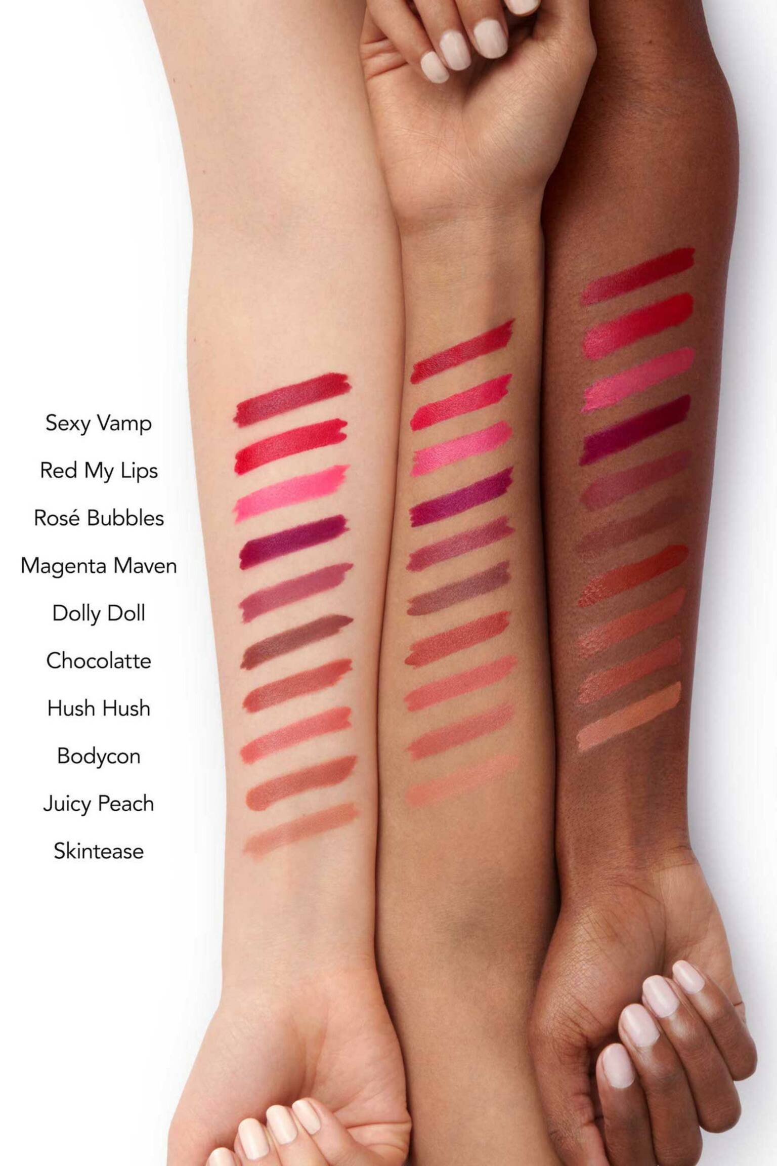 Full-on™ Satin Lipstick - Dolly Doll/Skin Tease/Body-con/Juicy Peach/Hush Hush/Chocolatte/Rosé Bubbles/Red My Lips/Magenta Maven/Sexy Vamp - 2