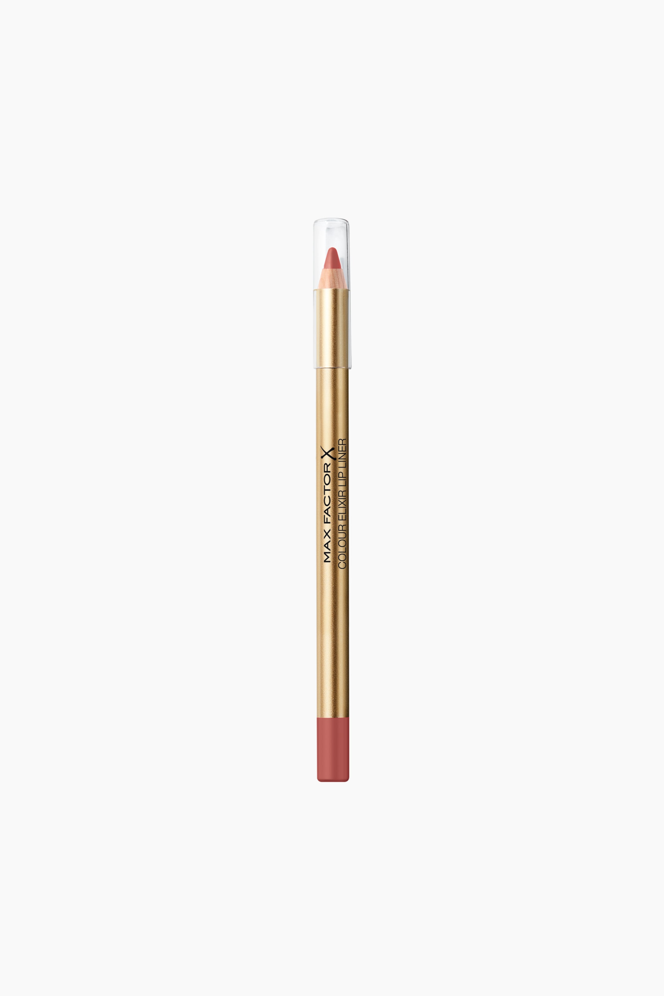 Visa större bild: En läppenna står upprätt, vänd framåt. Den har ett gyllene hölje med "MAX FACTOR X COLOUR ELIXIR LIP LINER" tryckt vertikalt. En vässad, persikarosa spets är synlig under ett klart lock, och basen av pennan är i samma persikarosa nyans.