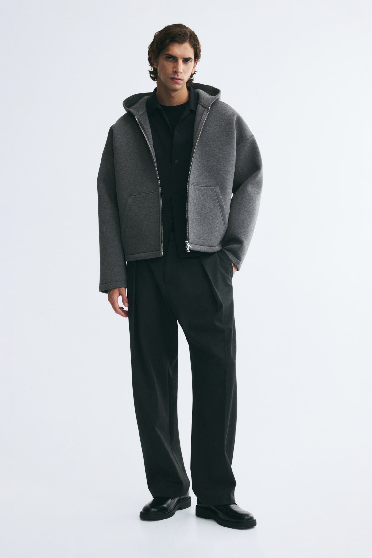 Мужская куртка H&M Oversized Scuba Hooded, цвет: Тёмный серый меланжевый — фото 4