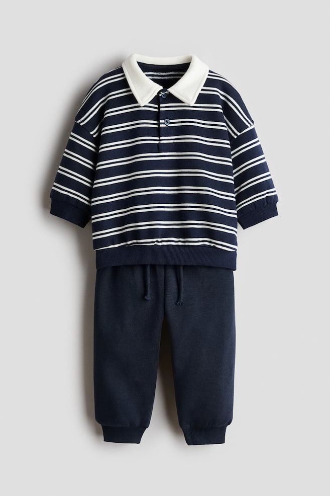 Conjunto de 2 piezas en tejido sudadera - Azul marino/Rayas blancas/Beige/Gris oscuro - 1