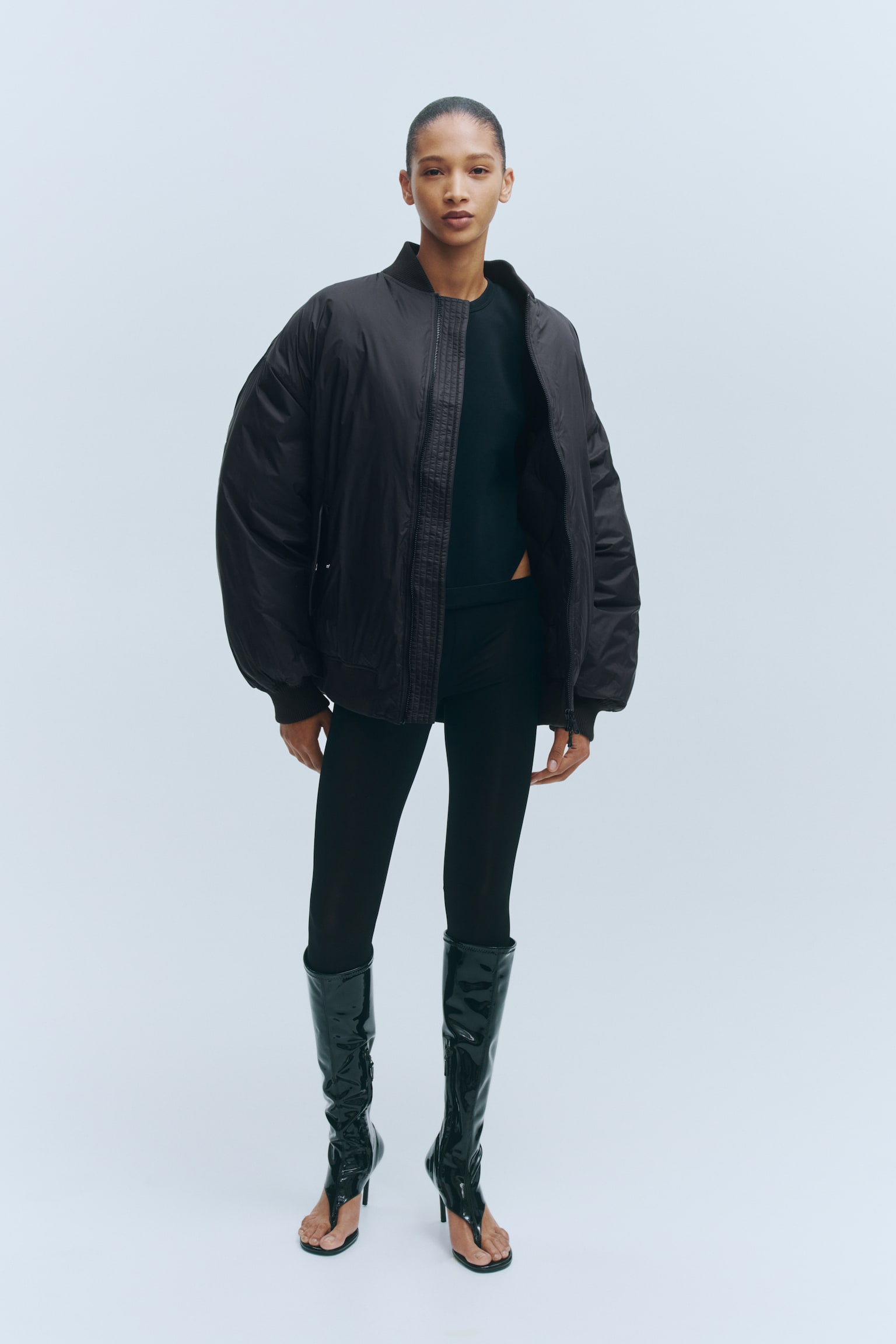 Oversized Down Bomber Jacket - Black - 1