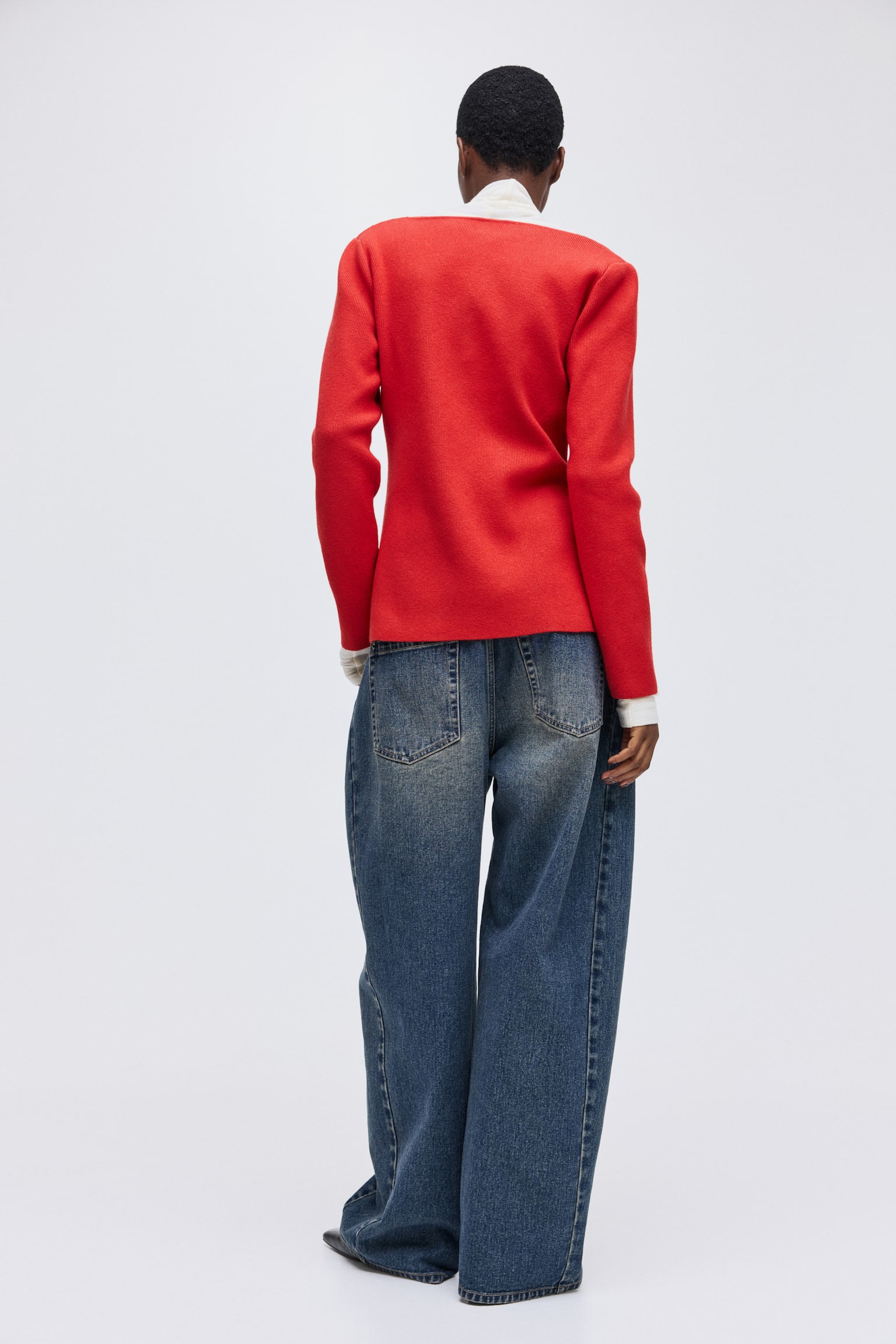 Scoop-neck rib-knit cardigan - Red/Black - 3