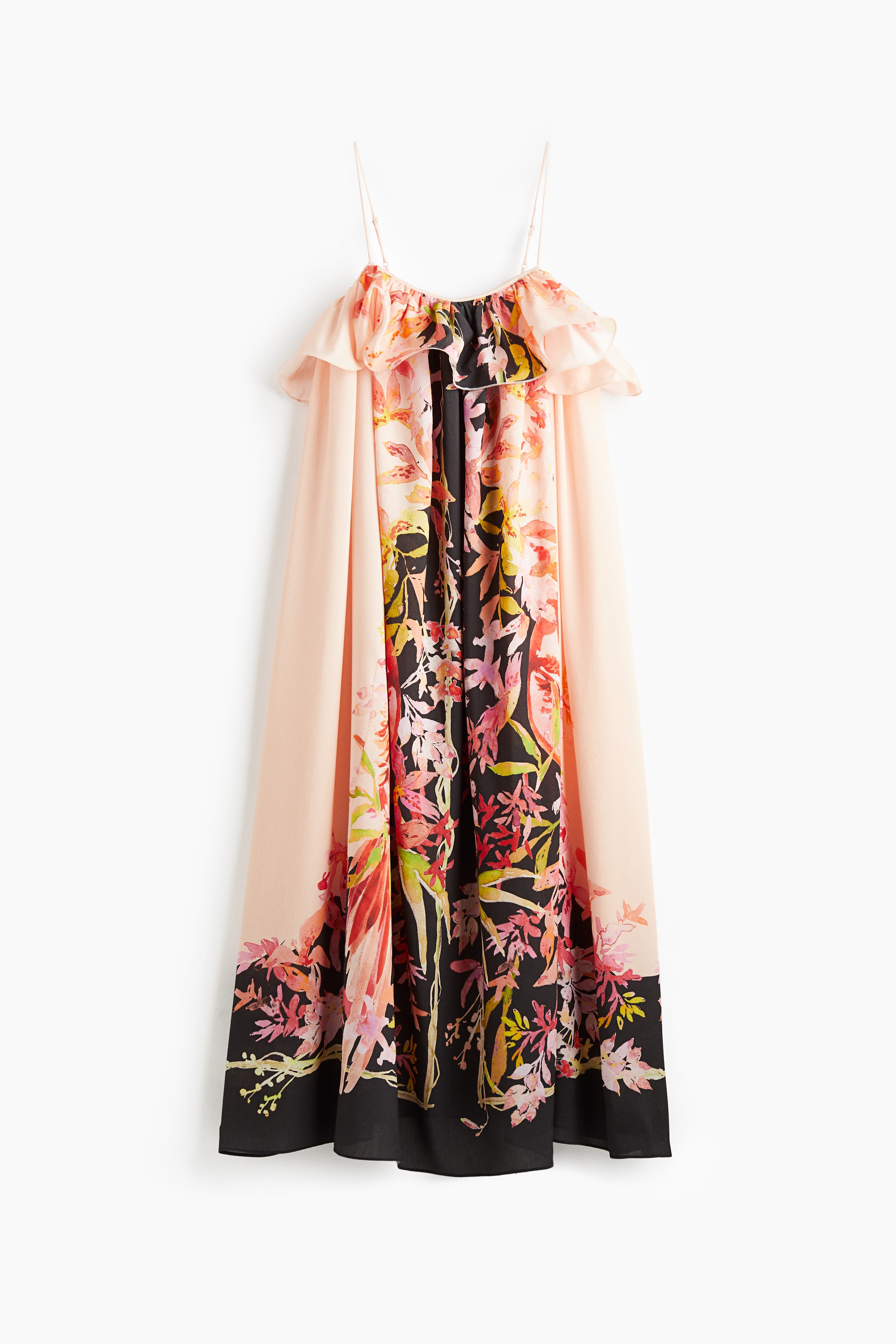 Stropkjole med flæsekant - Lys rosa/Blomstret