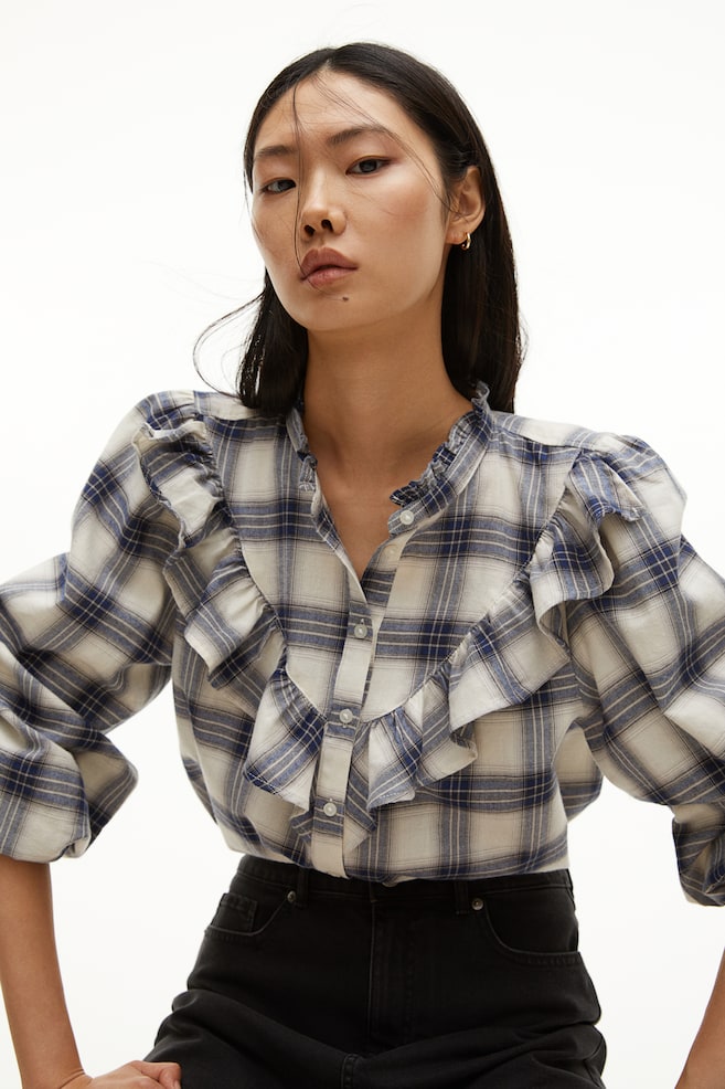 Frill-trimmed blouse - Dark blue/Checked - 6