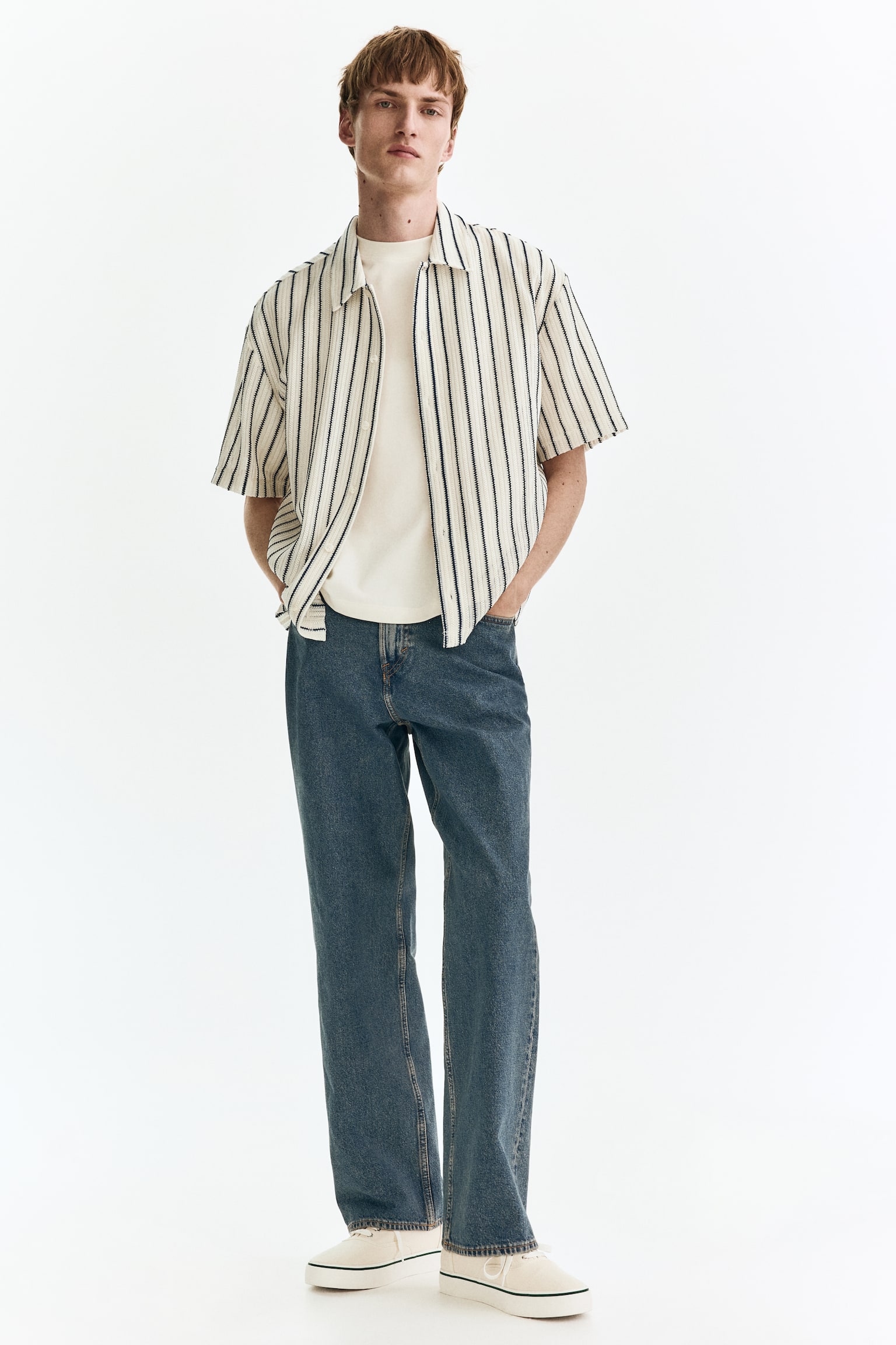 Regular Fit Textured-knit shirt - White/Striped/Dark brown/Striped - 1