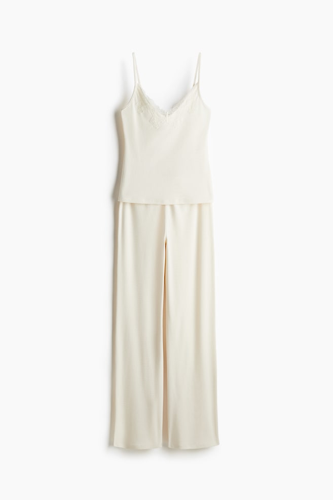 Lace-trimmed ribbed pyjamas - Cream/Black - 1