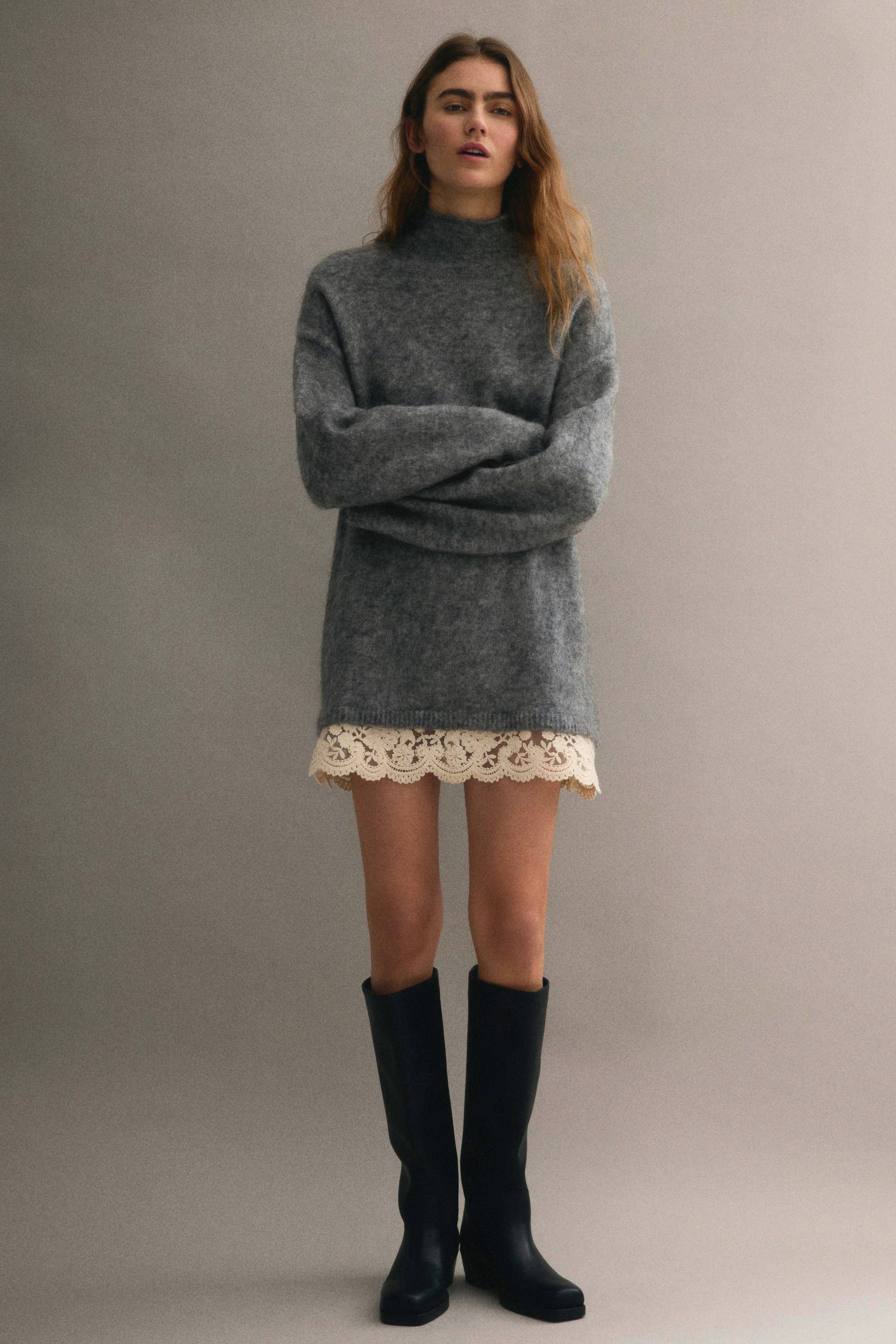 View larger image: Lace-trimmed mohair-blend jumper - Grey marl - Ladies | H&M GB 1