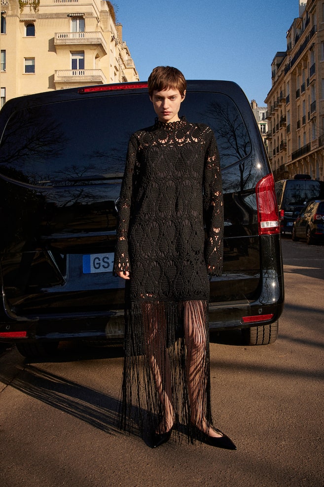 Crochet-look fringe-trimmed dress - Black - 1