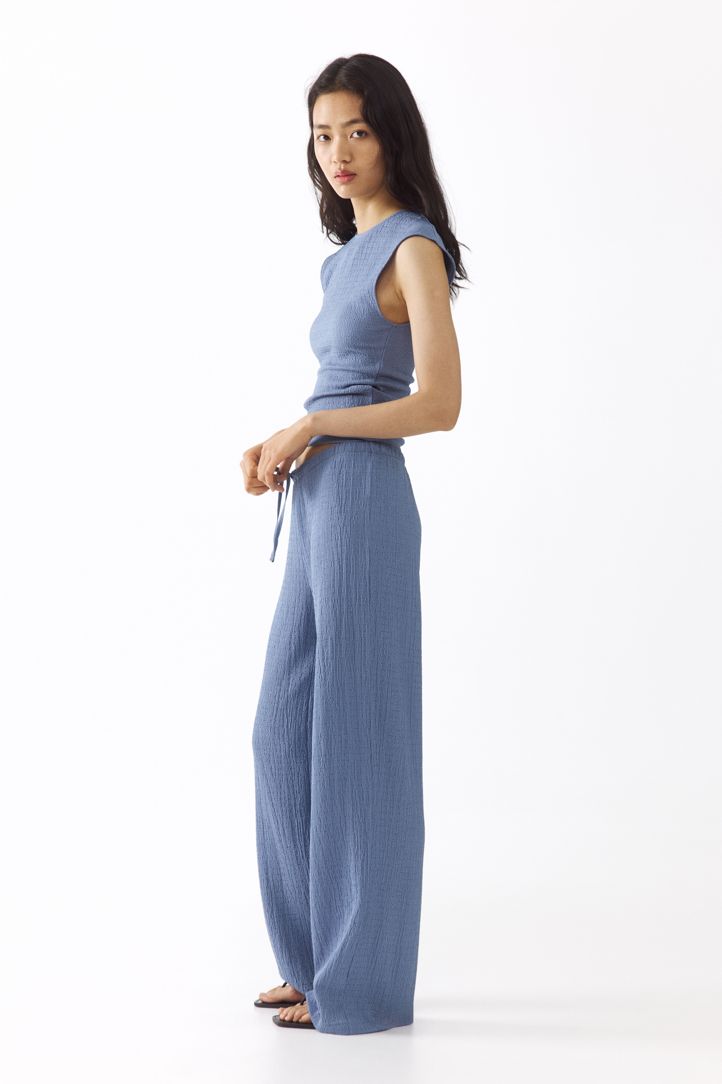 Broek van structuurtricot - Duifblauw/Roestbruin/Zwart/Lichtbeige/dessin