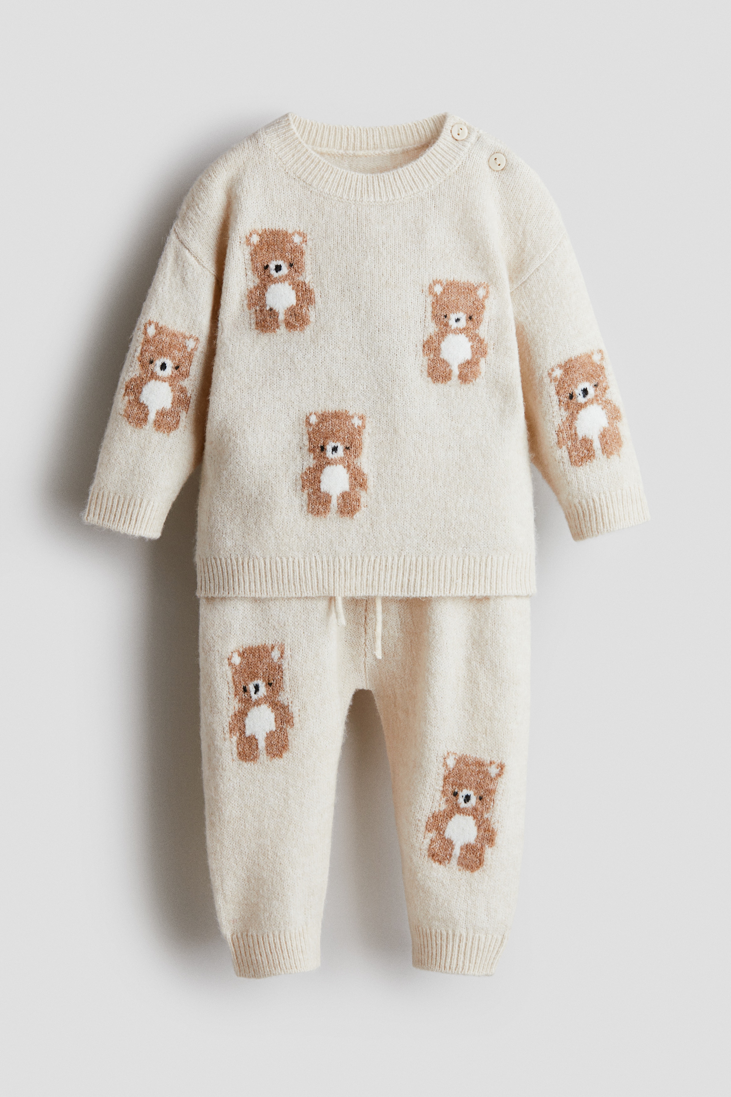 Conjunto de 2 peças em malha jacquard - Bege claro/Ursos de peluche