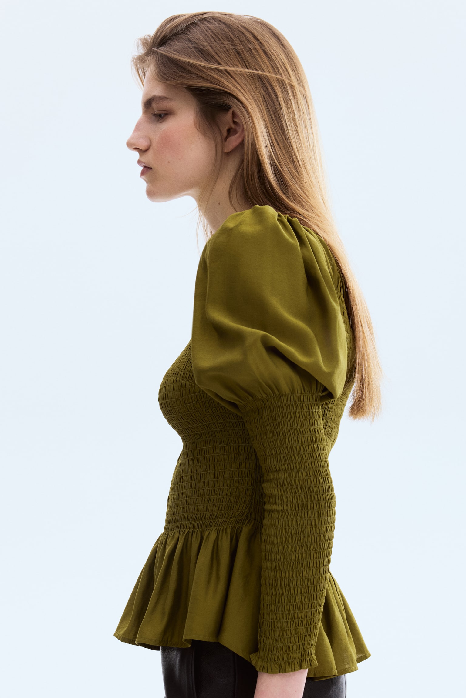 Smocked viscose-blend blouse - Dark khaki green/Light beige - 2