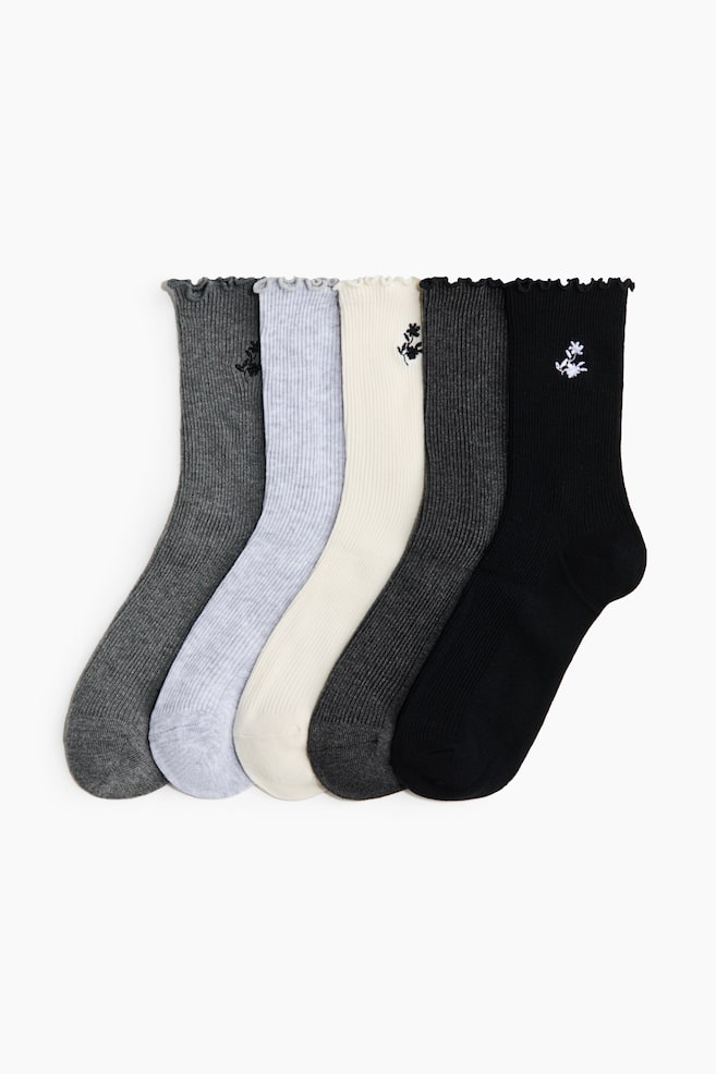 5er-Pack Gerippte Socken - Schwarz/Graumeliert/Hellrosa/Weinrot geblümt/Weiß/Hellrosa/Puderrosa/Weiß/Beigemeliert/Weinrot/Schwarz/Weinrot/Cremefarben - 1