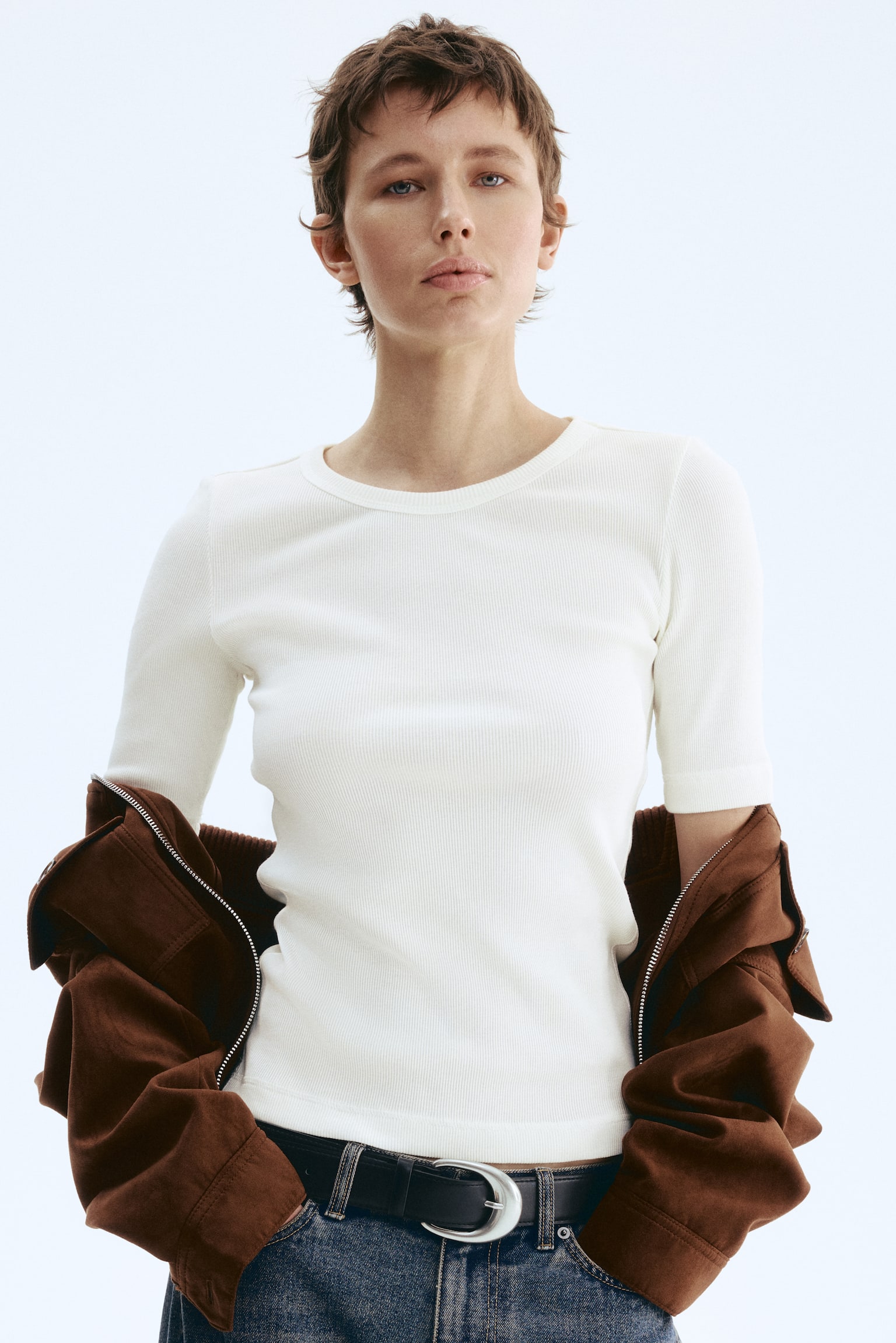 Ribbed silk-blend top - White/Truffle grey/Navy blue - 3