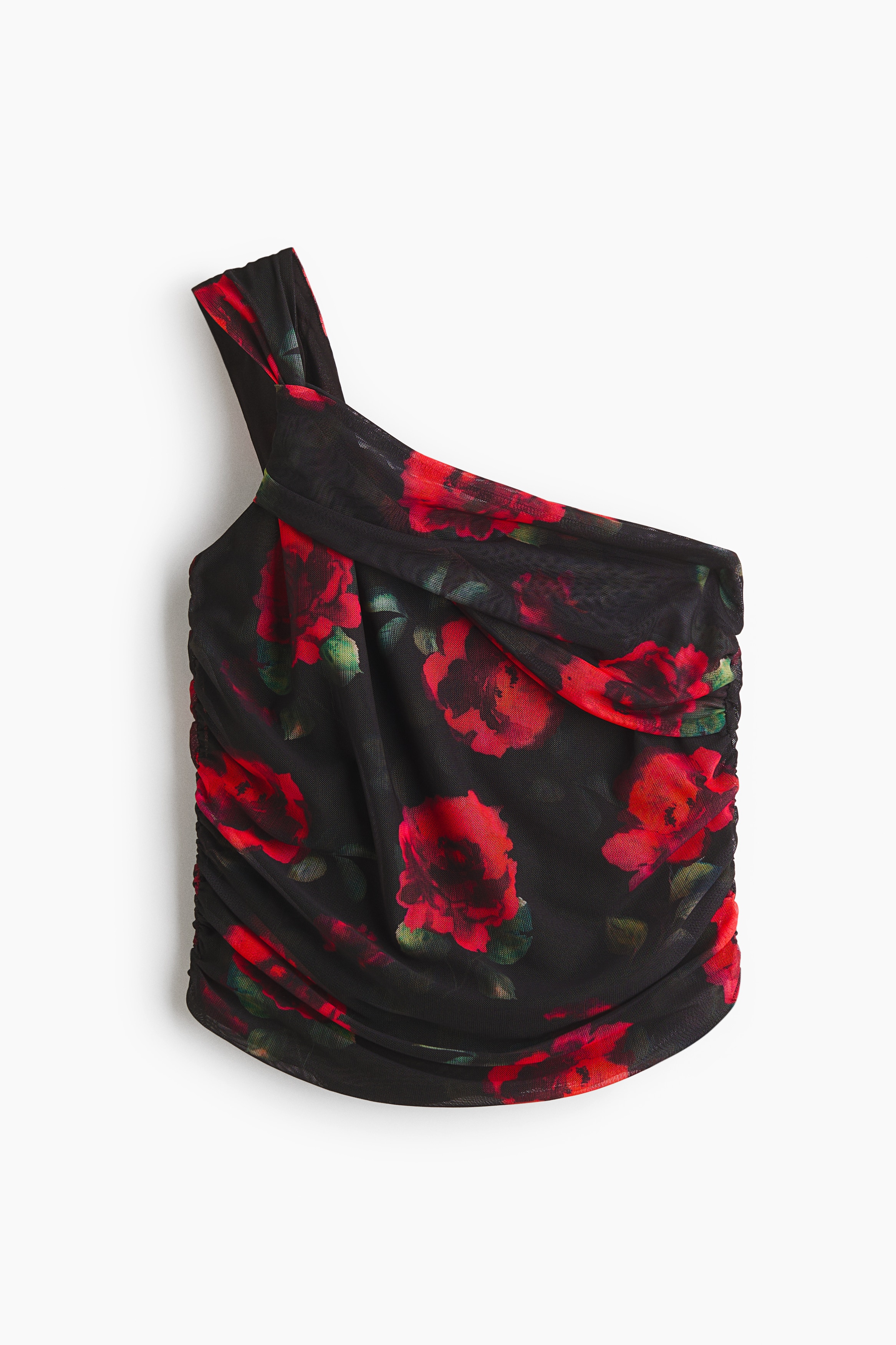 One shoulder-topp med knutdetalj - Svart/Rosor