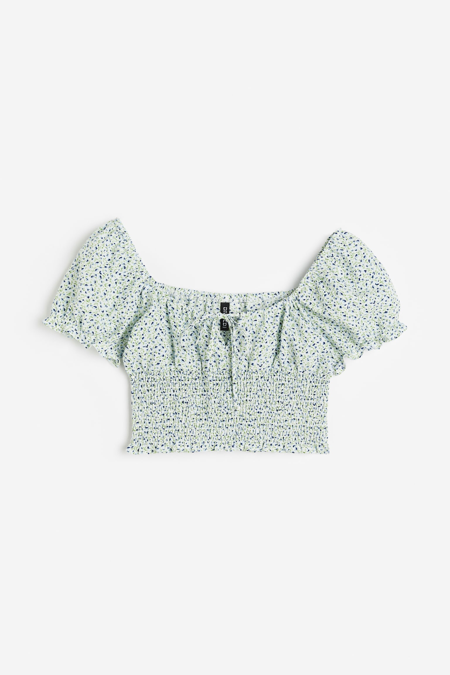 Puff-sleeved smocked blouse - Green/Blue floral - 1