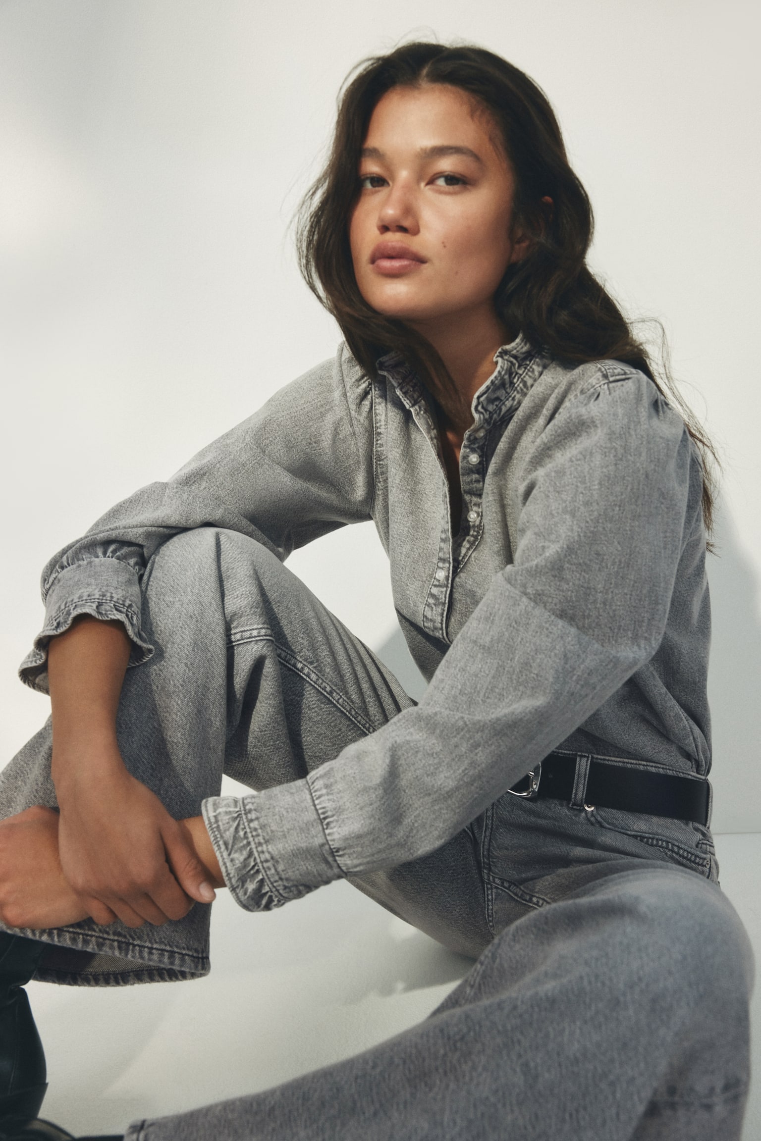 Blouse volantée en denim-Gris - 1
