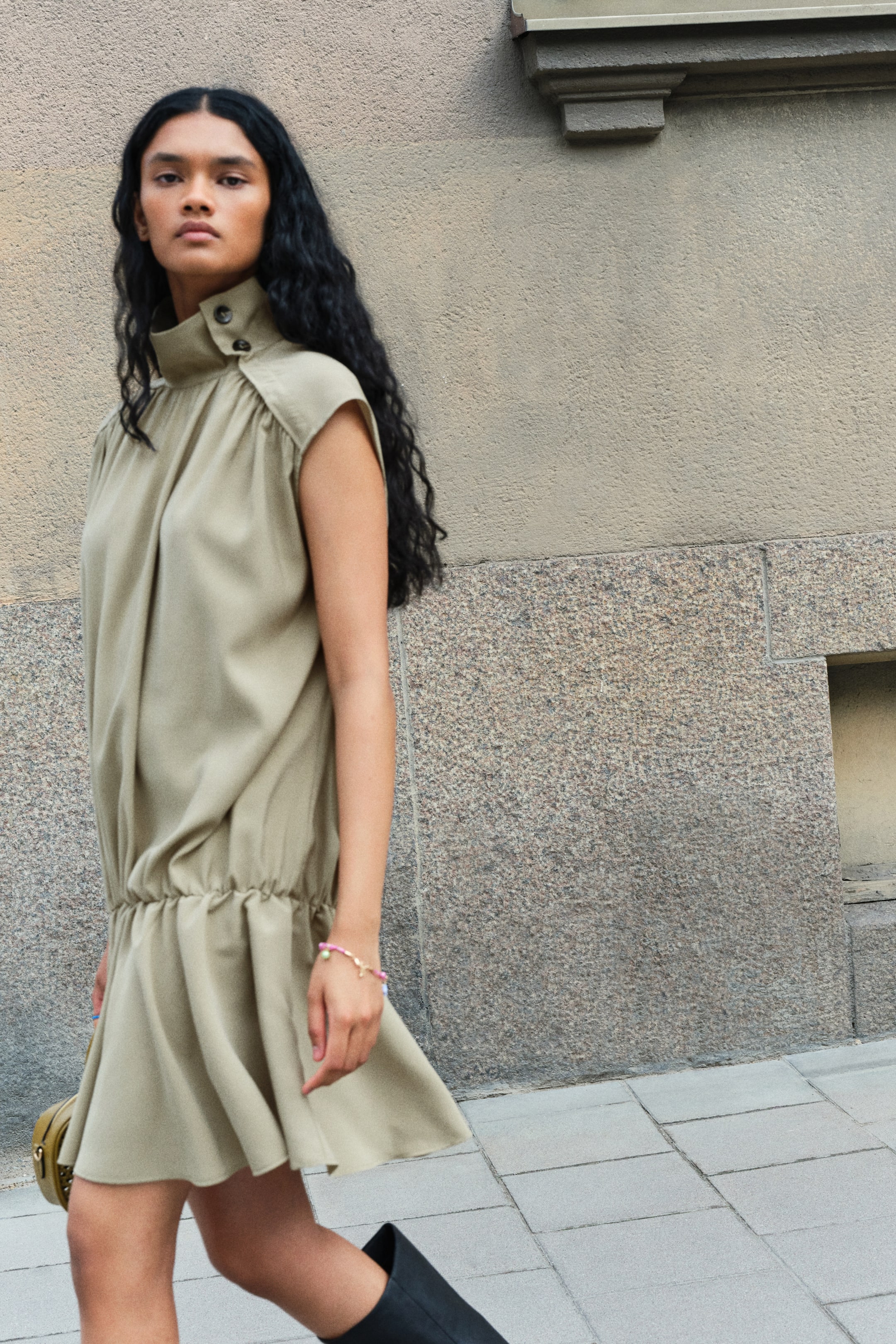 Button-Detail Dress with Flared Skirt