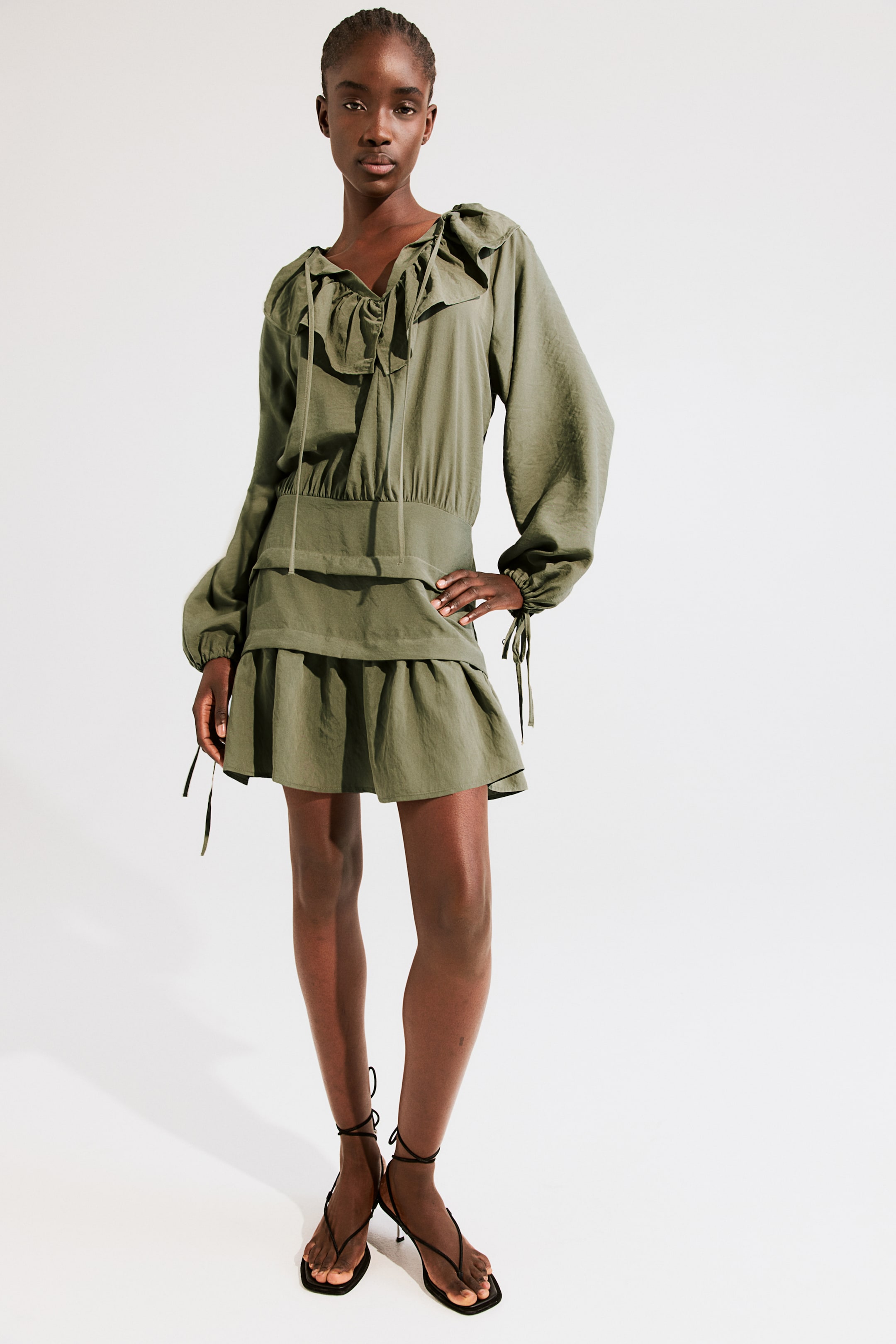 Ruffle-collar Dress - V-neck - Long sleeve - Khaki green - Ladies | H&M US