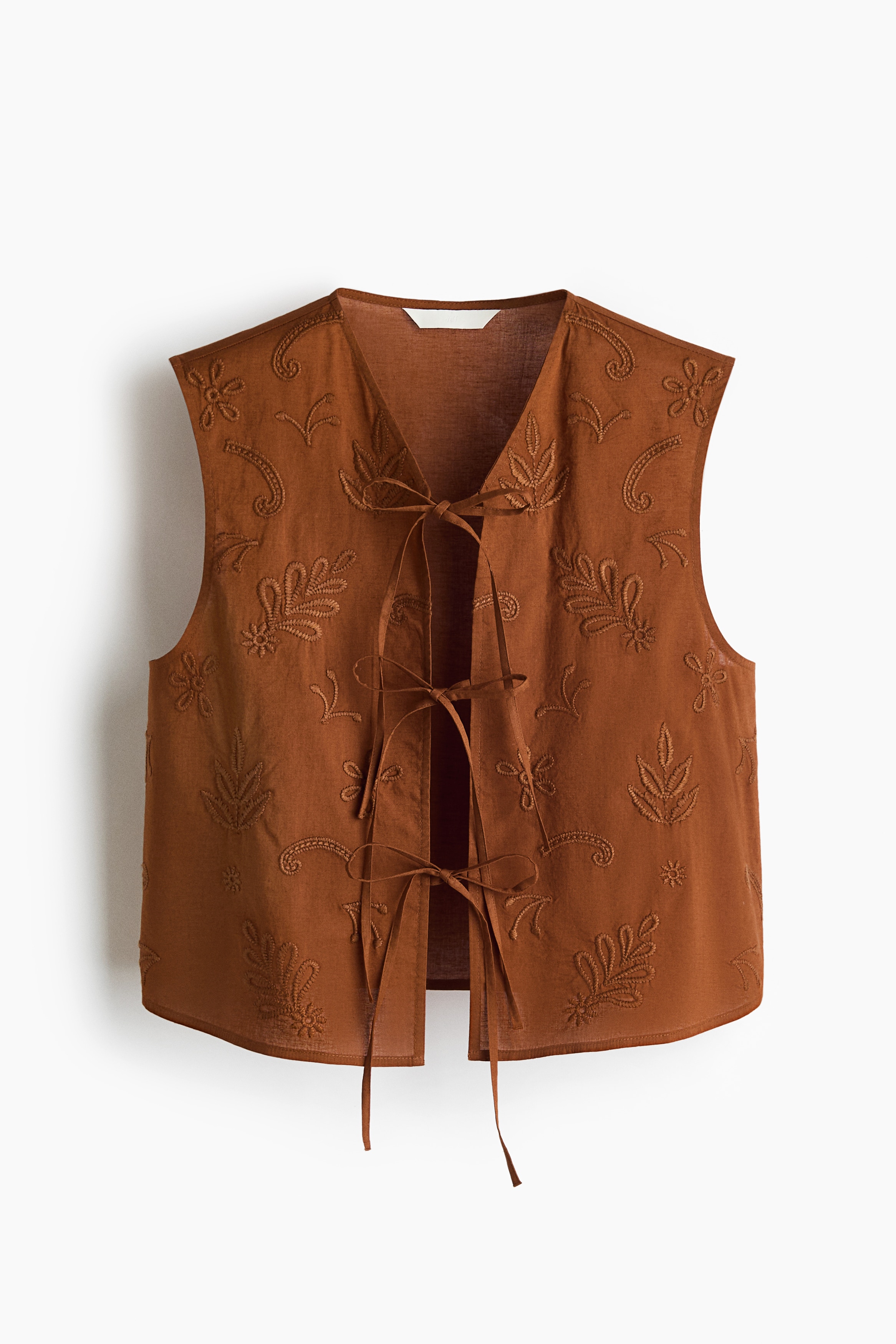 Embroidered tie-front cotton top - Brown