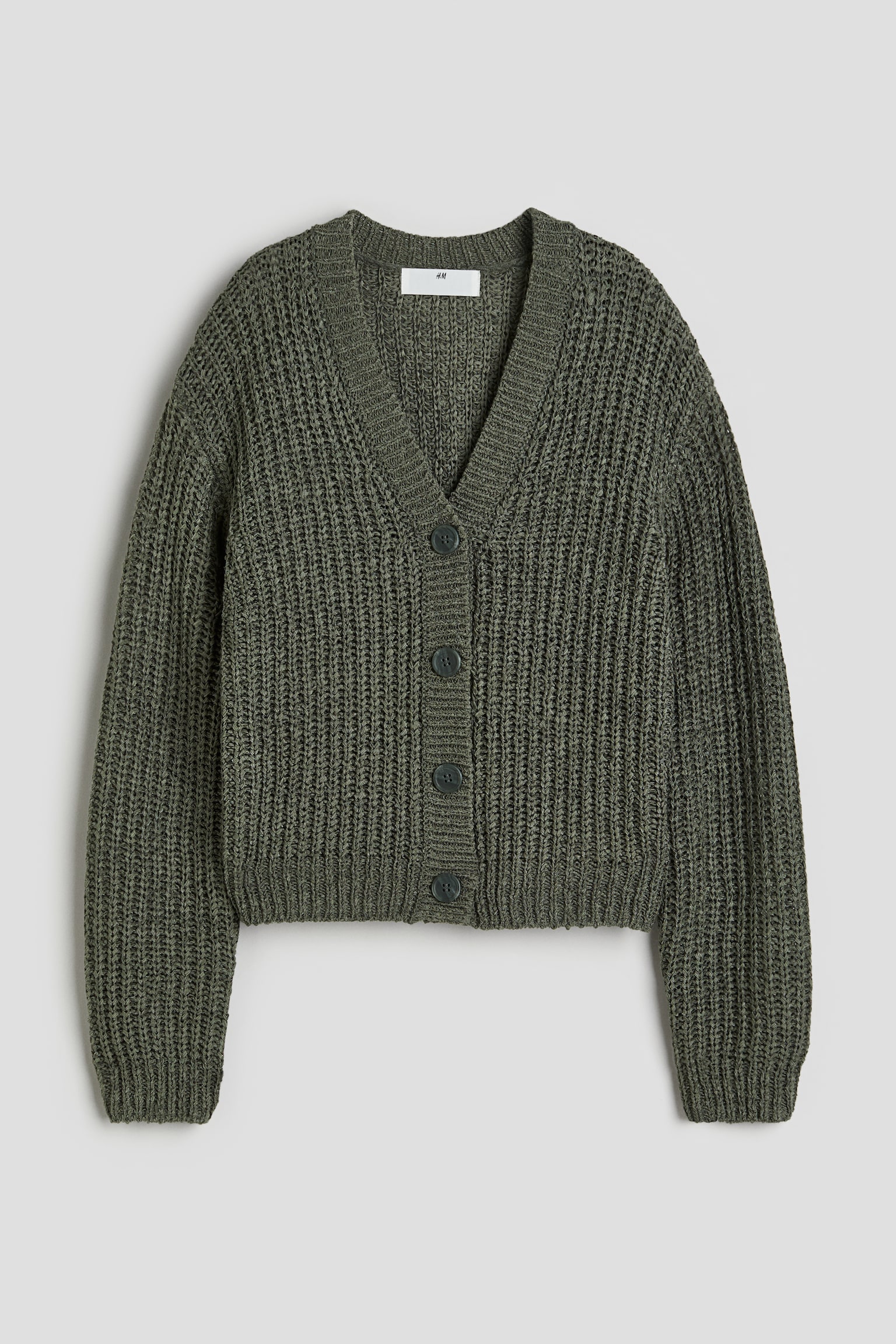 V-neck Knit Cardigan - Dark khaki green - 1