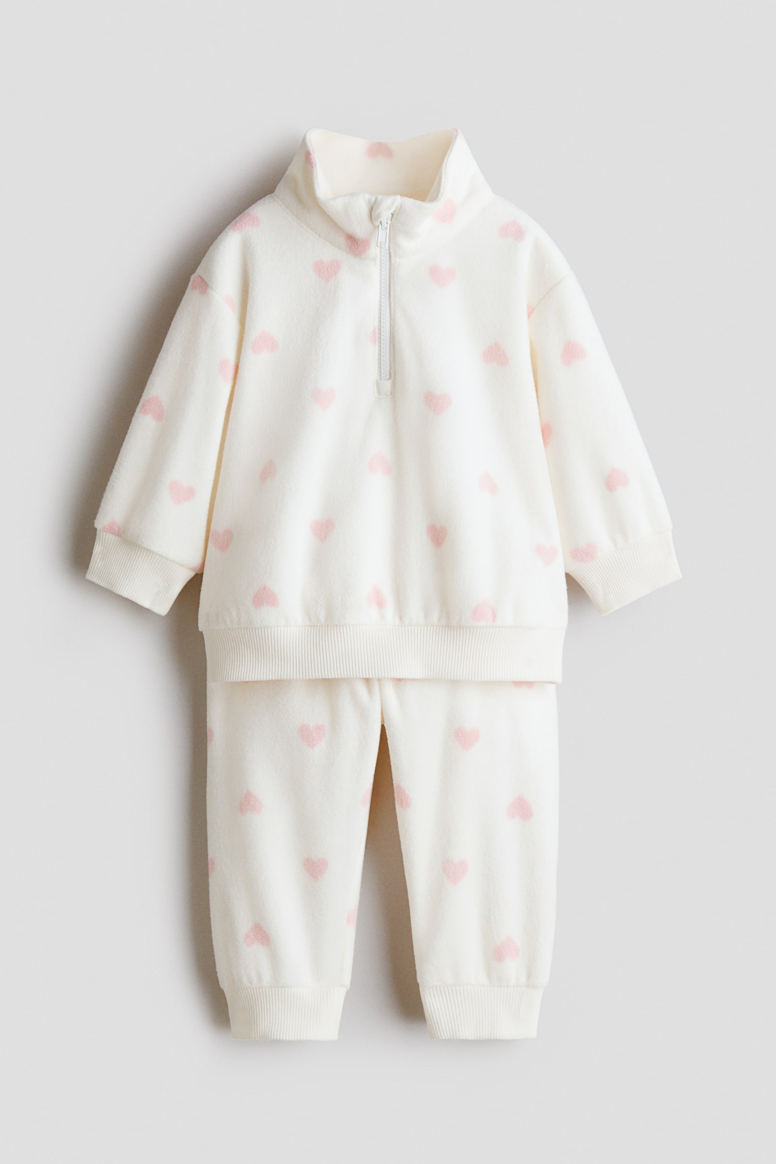 2-piece printed fleece set - White/Hearts/Light pink/Cherries/Dark red/Hearts