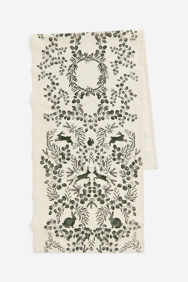 Linen-blend print-motif table runner - Green/Floral/Light beige/Forest animals - 1
