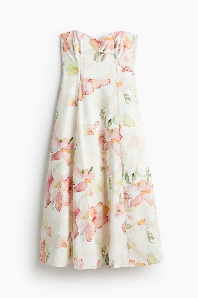 Bandeau-Kleid aus Leinenmix - Weiß/Geblümt - 1