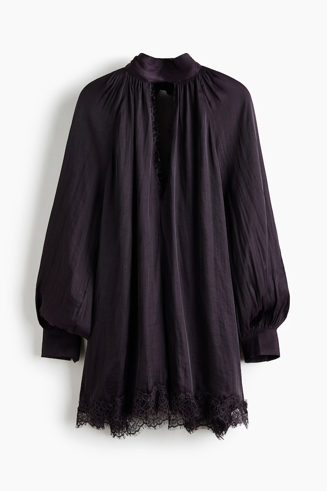 Lace-Trimmed Balloon-Sleeved Dress - Dark purple - 1