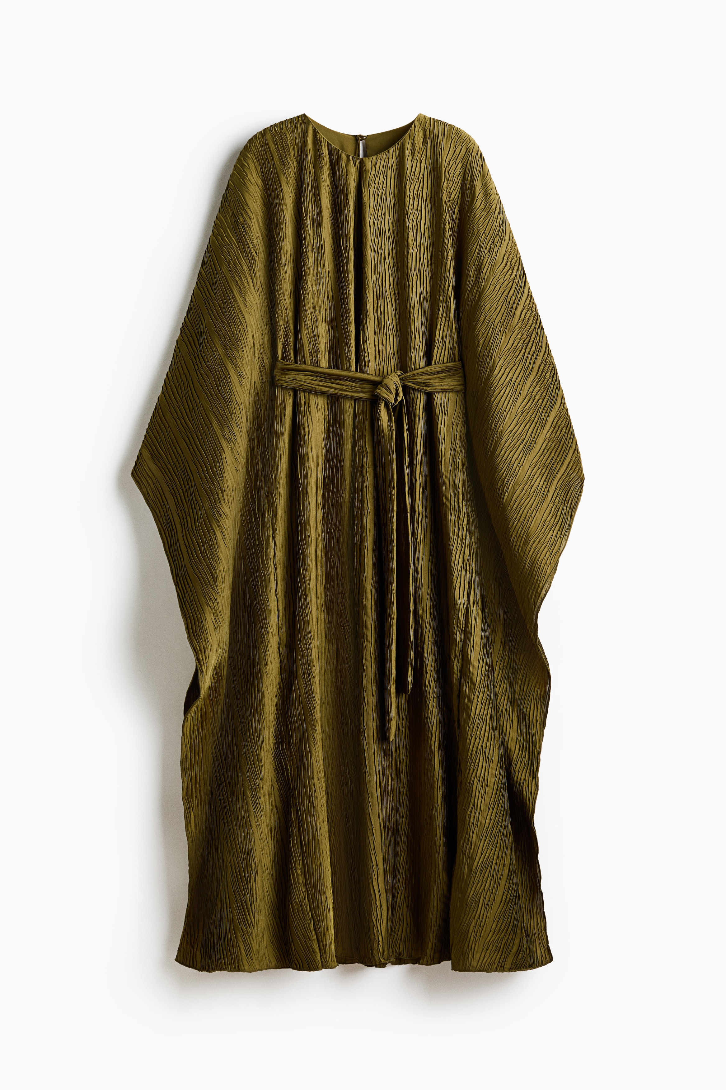 Crinkled tie-belt kaftan dress - Mørk kakigrønn/Lys beige