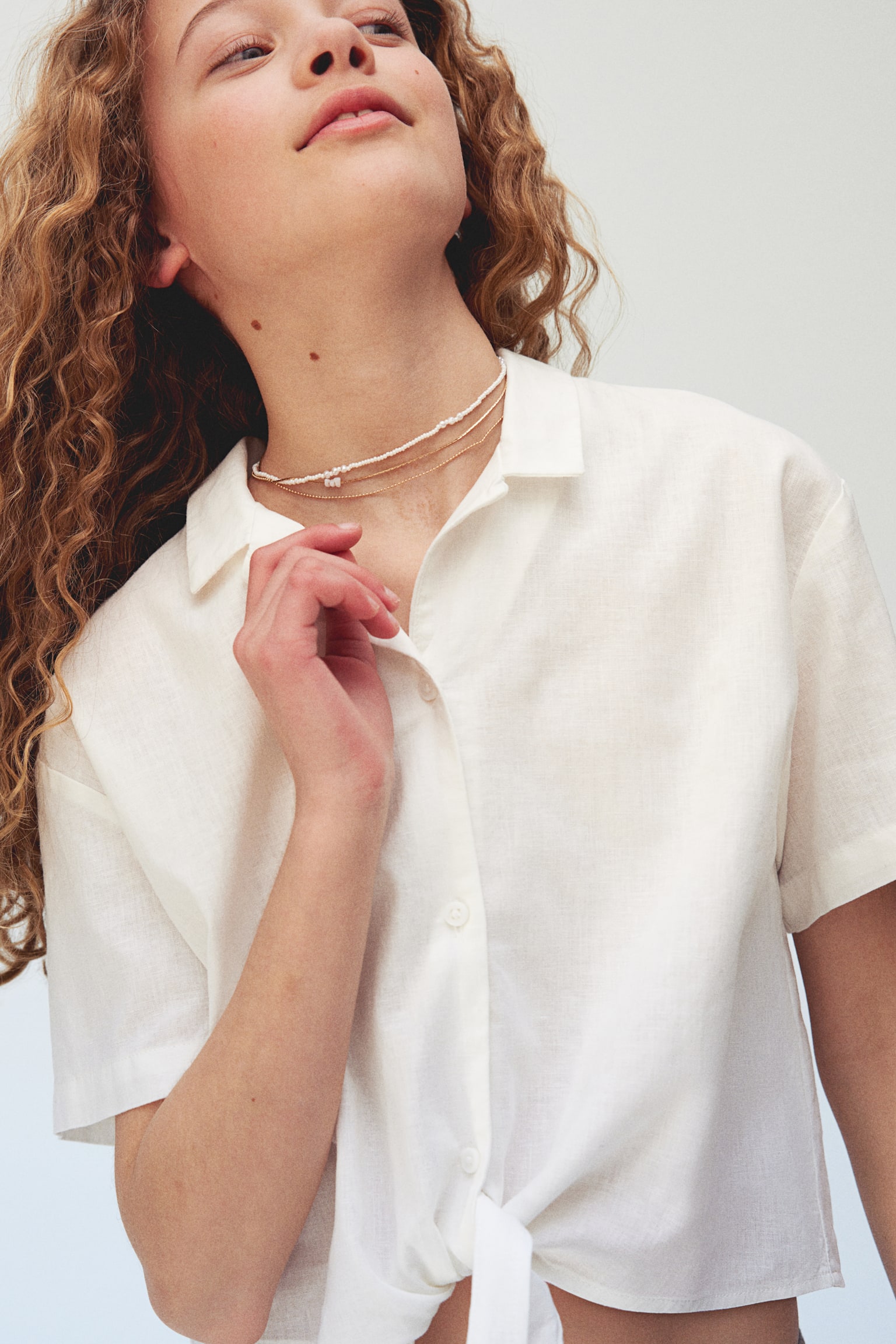 Linen Blend Tie Hem Shirt - White/Dusty khaki green - 6