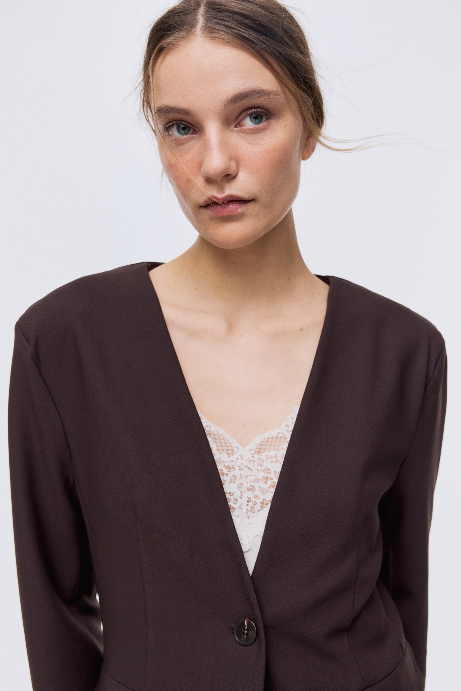 Collarless jersey blazer - Dark brown/Black - 5