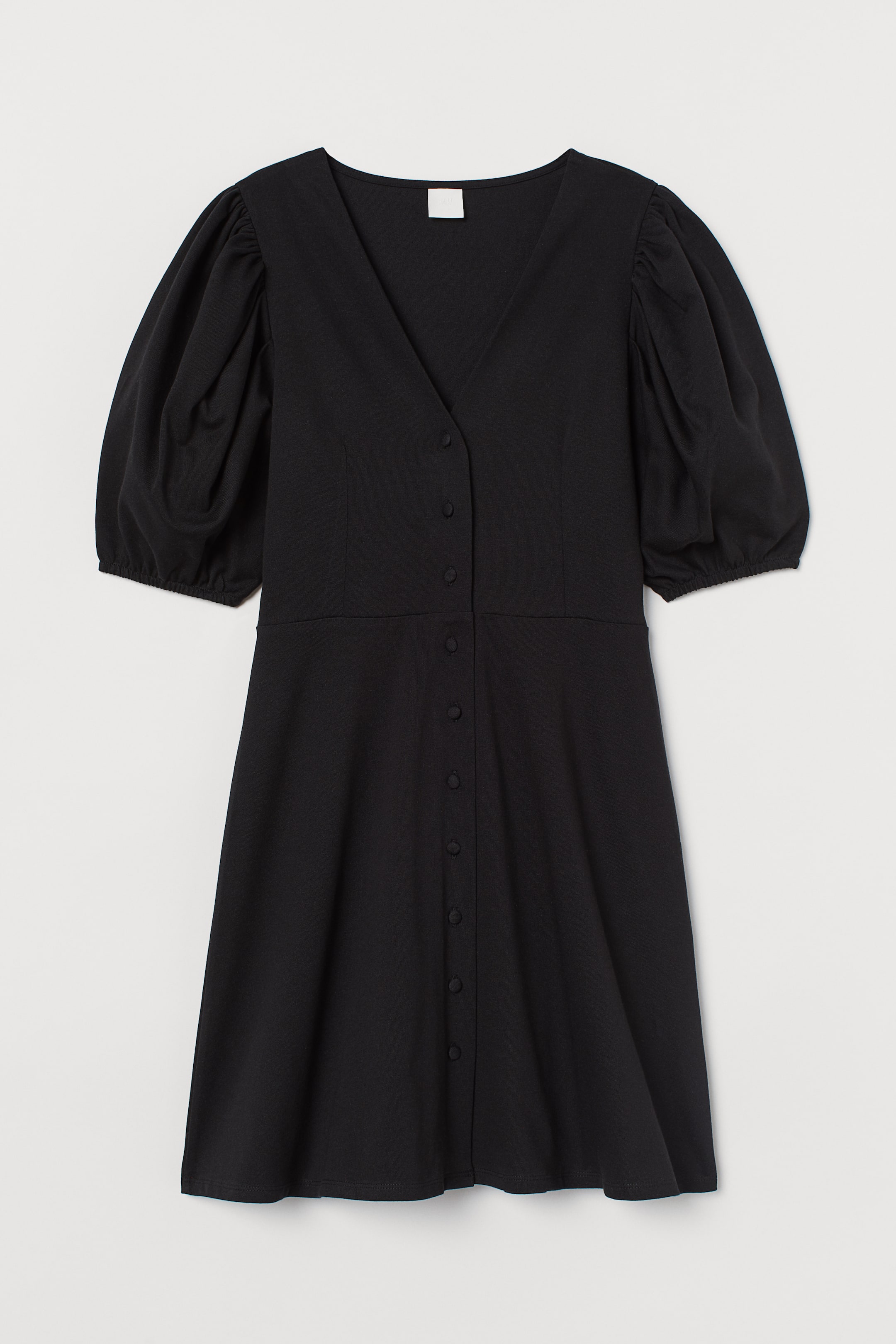 Puff-sleeved cotton dress - V-neck - Short sleeve - Black - Ladies | H&M GB