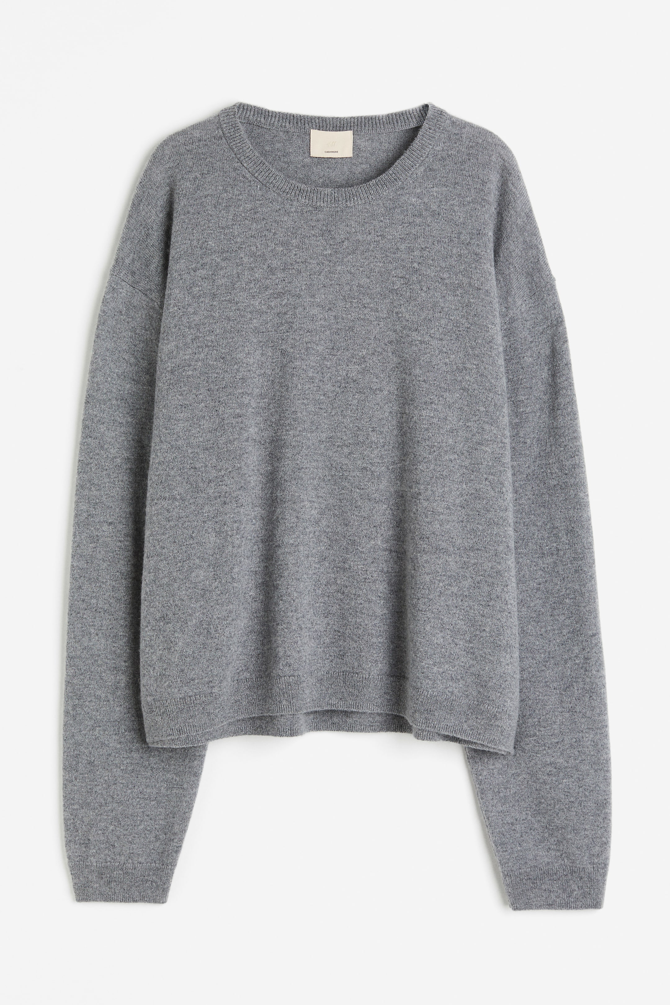 Fine-knit cashmere jumper - Round neck - Extra long sleeve - Grey marl ...