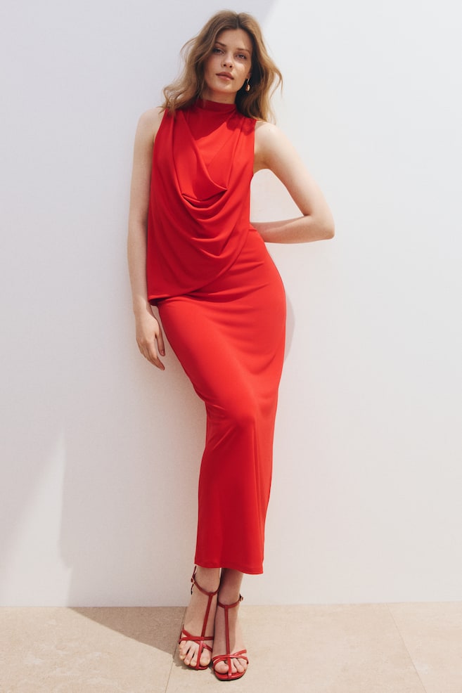 Draped Maxi Dress - Red/Olive green - 2
