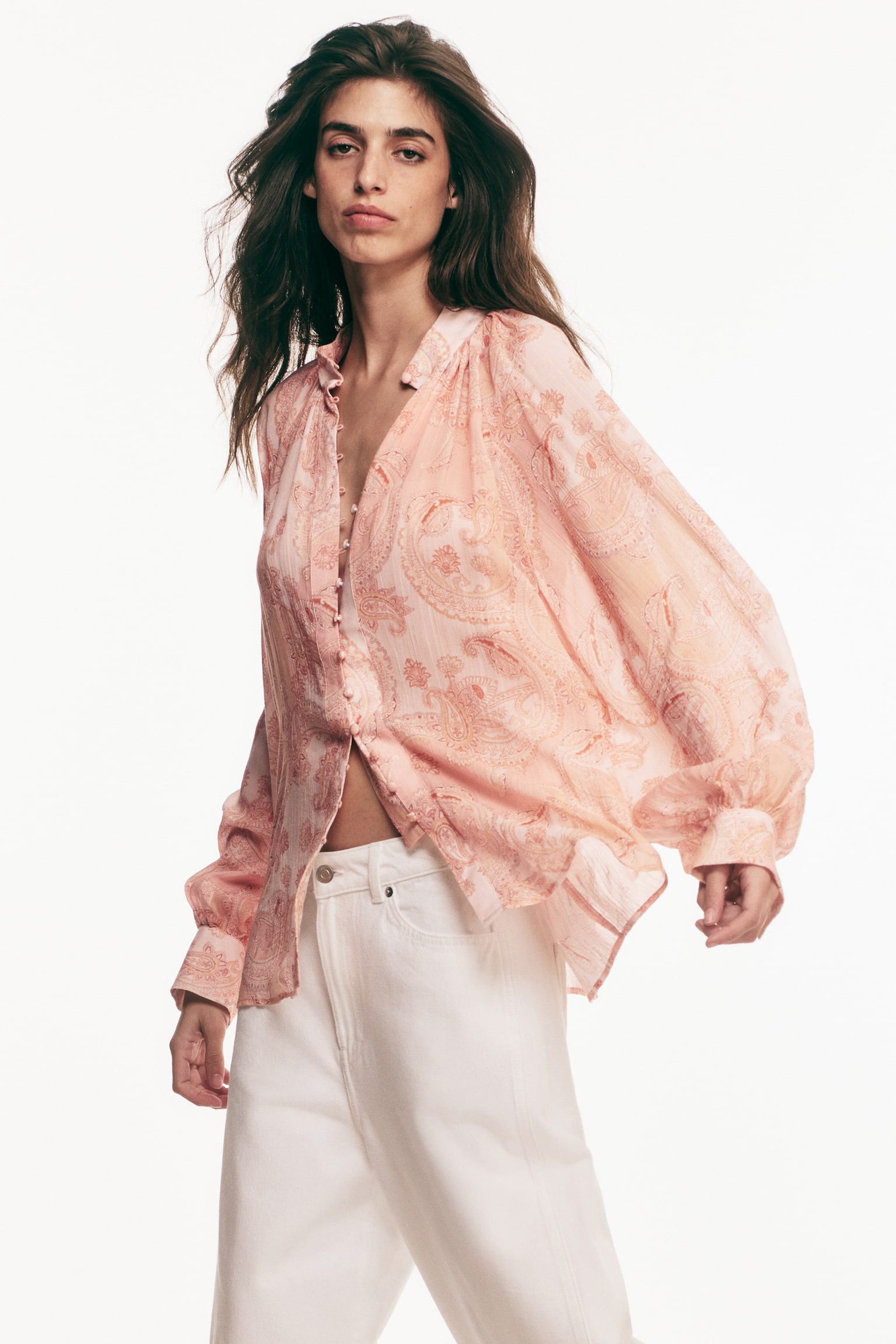 Oversized lyocell blouse - Light pink/Paisley pattern - 4