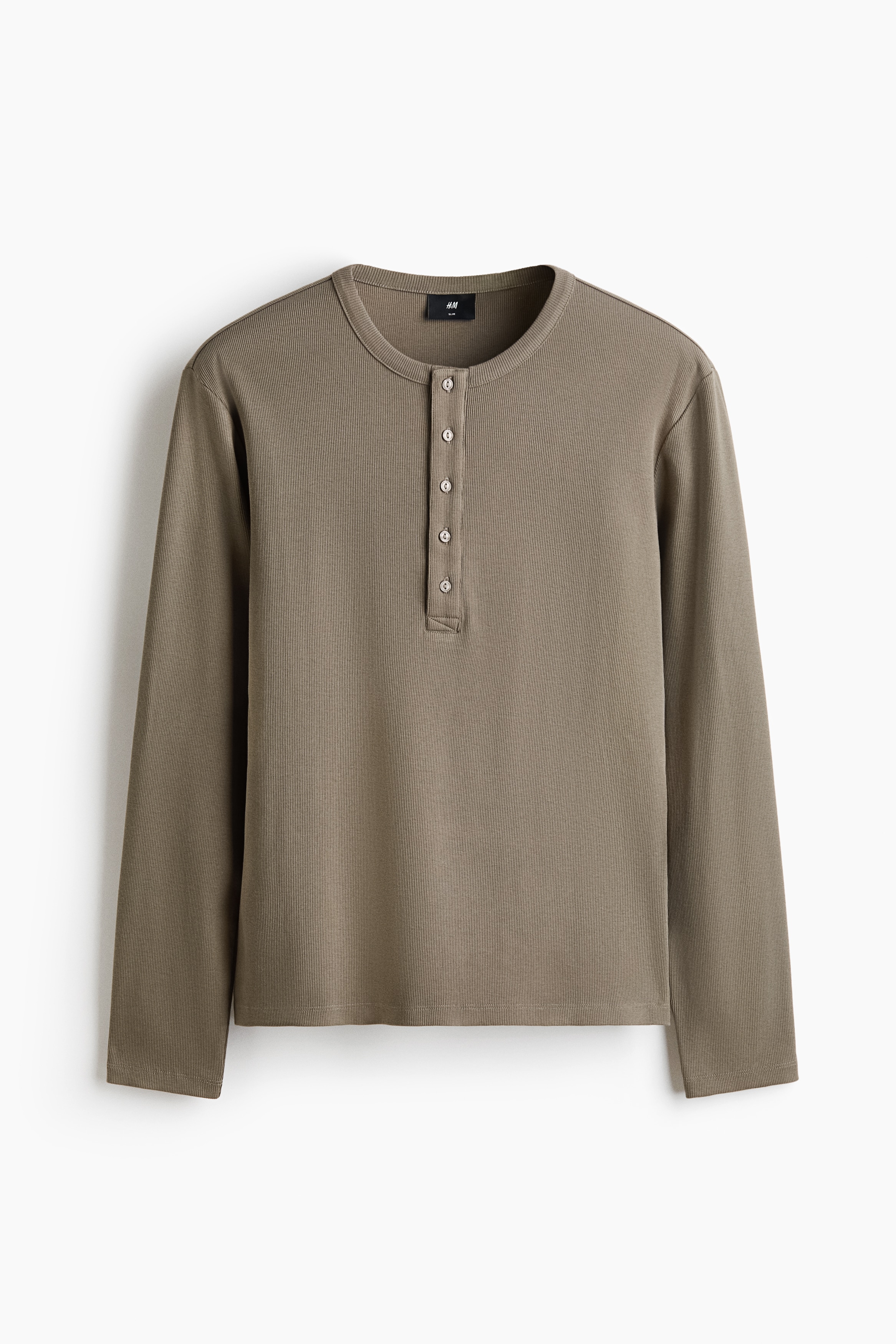 Slim Fit Ribbed Henley shirt - Khaki green/Dark khaki green/Cream/Beige